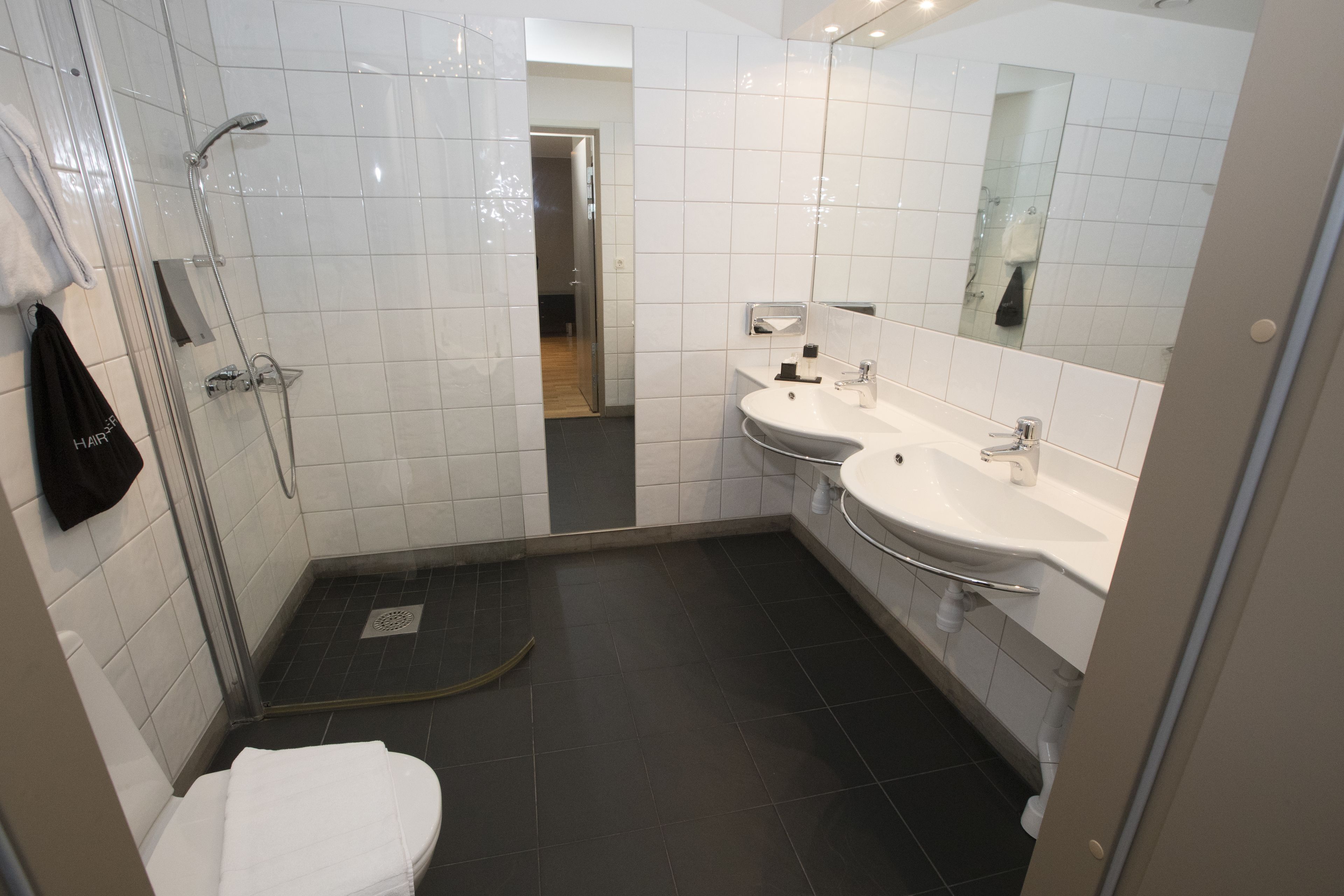 deluxe double room (sofa bed) | bathroom | shower, hair dryer, towels