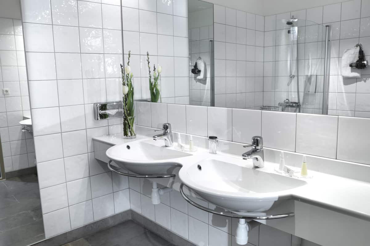 deluxe double room (sofa bed) | bathroom | shower, hair dryer, towels