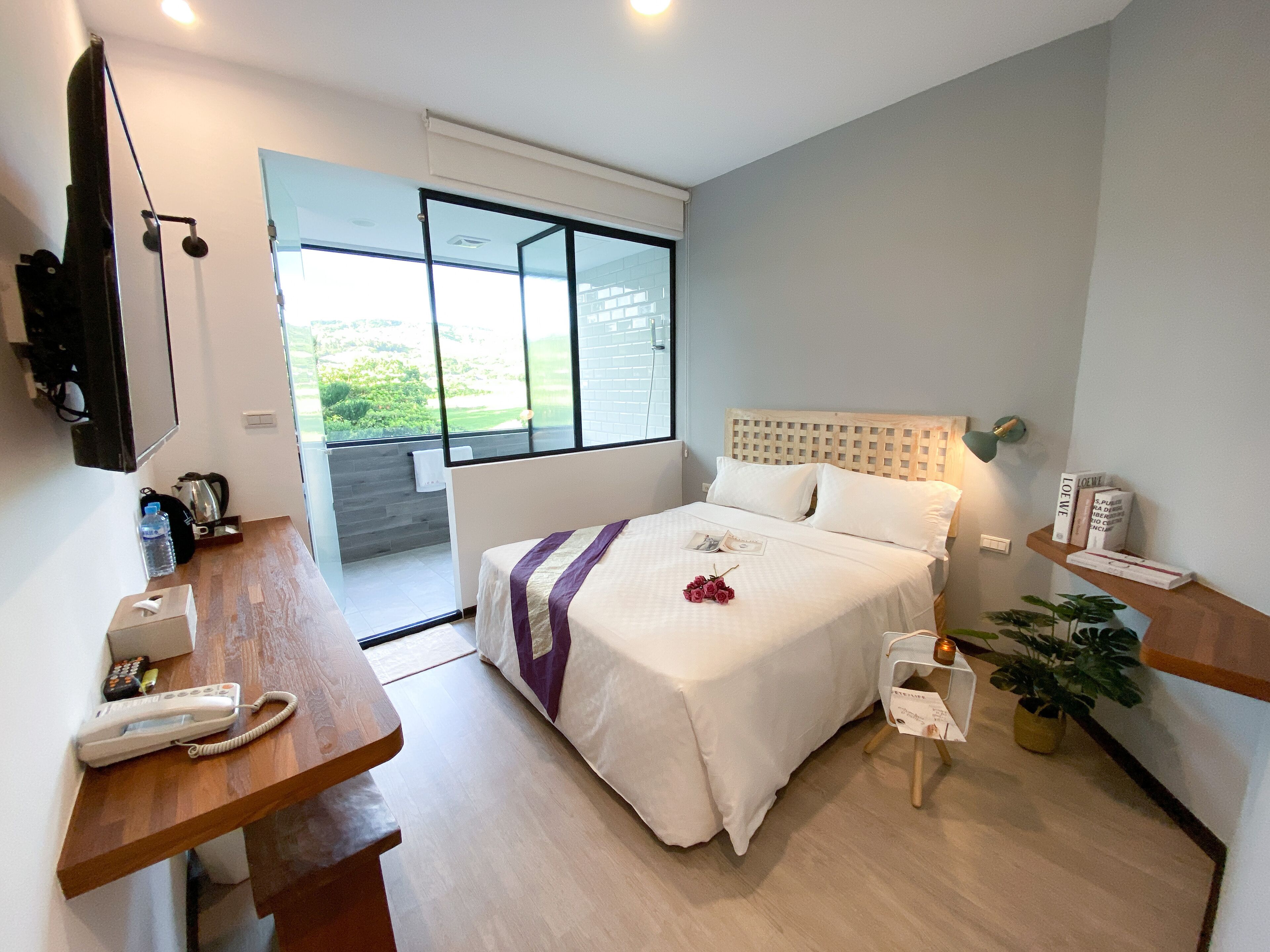 A hotel room with a bed, bedside table, a desk with a telephone, a TV mounted on the wall, a window with a view of greenery, and a bedside plant.