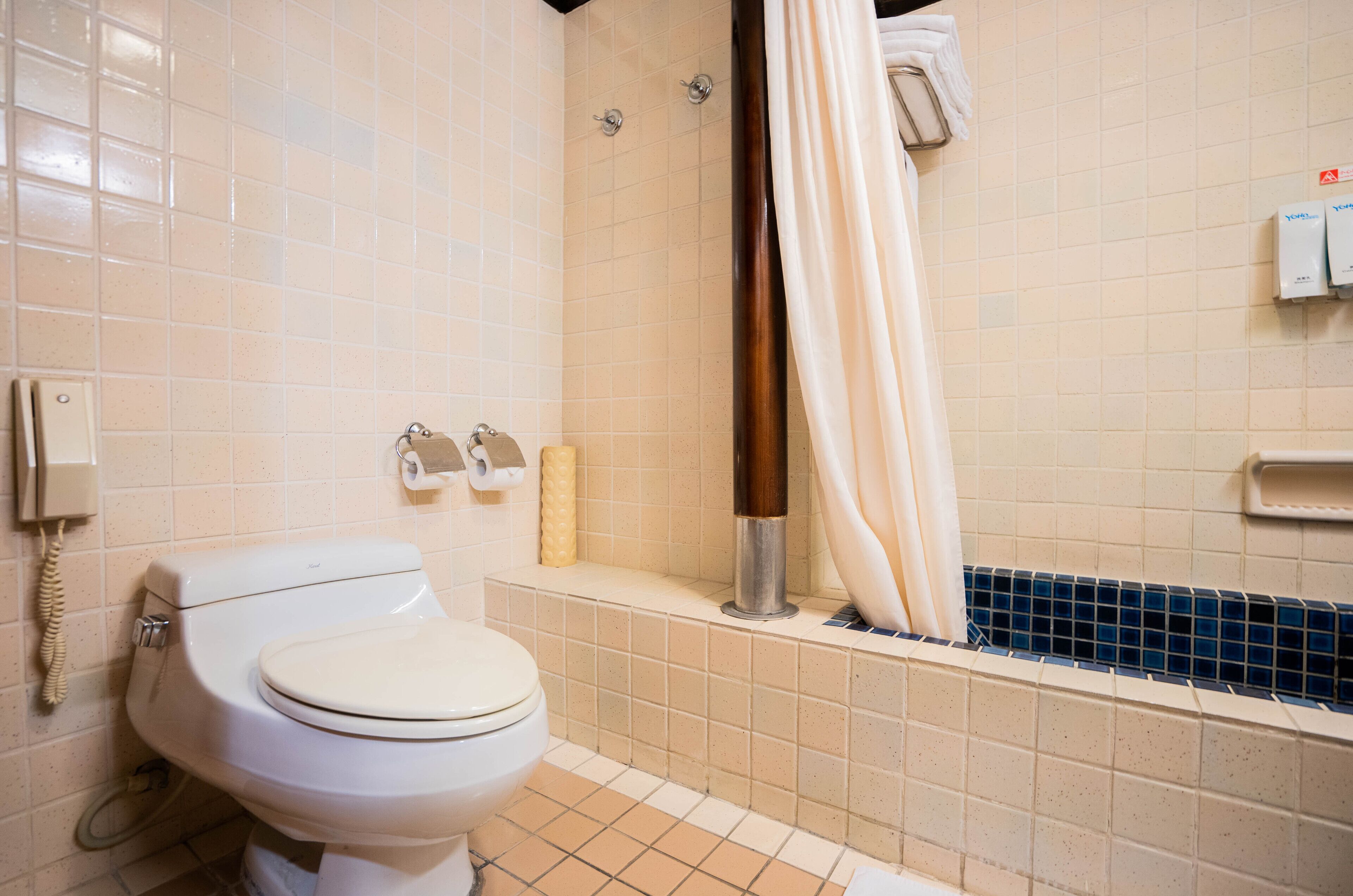 combined shower/bathtub, deep-soaking bathtub, free toiletries