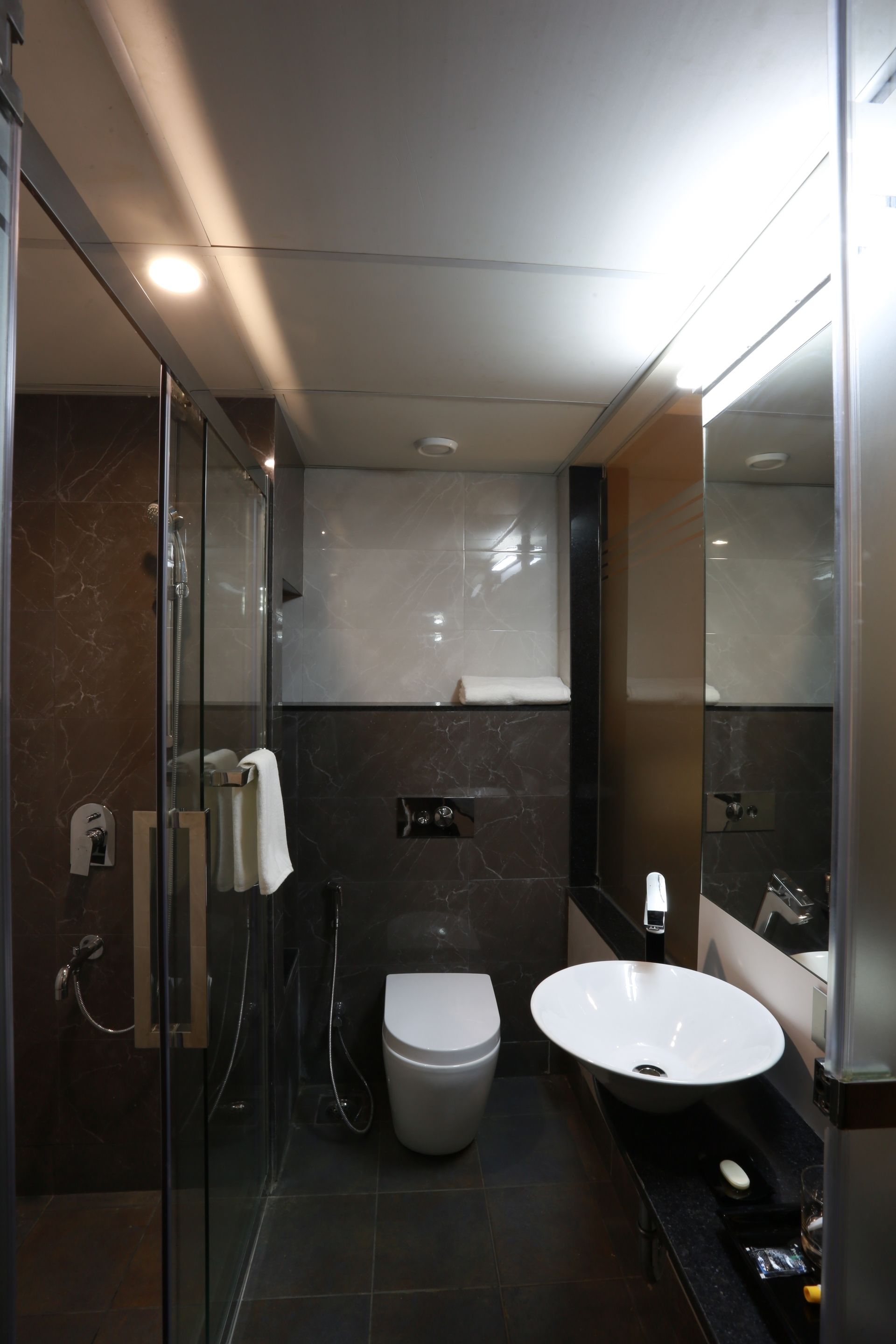 Ein modernes Badezimmer mit einer gläsernen Dusche, einer weißen Toilette und einem großen, ovalen Waschbecken.