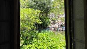A window with a view of a garden with various plants and a tree. - Les Belles Terrasses (Tourrettes-sur-Loup)
