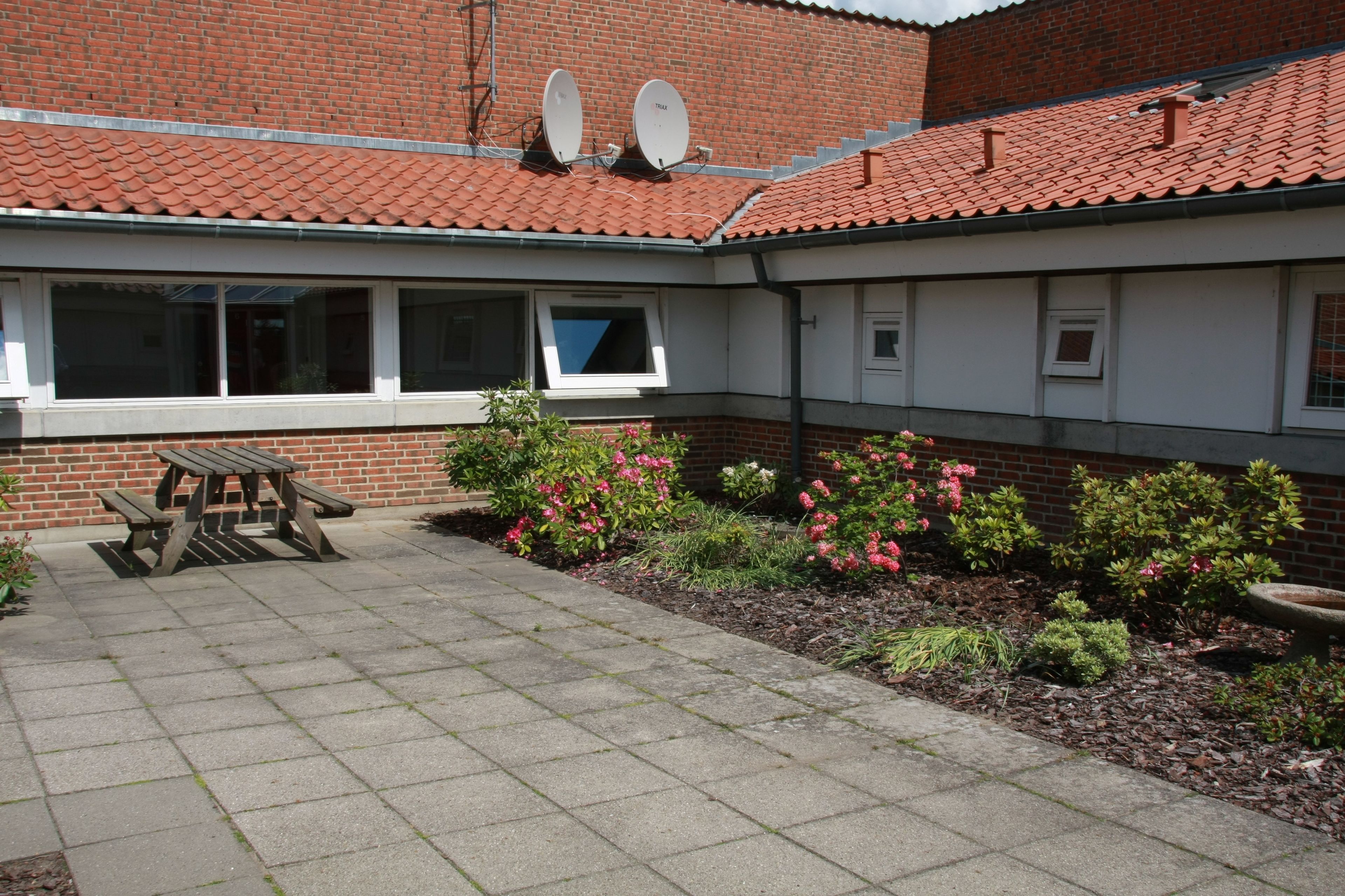 A courtyard with a brick building, satellite dishes, a picnic table, and flowering plants.