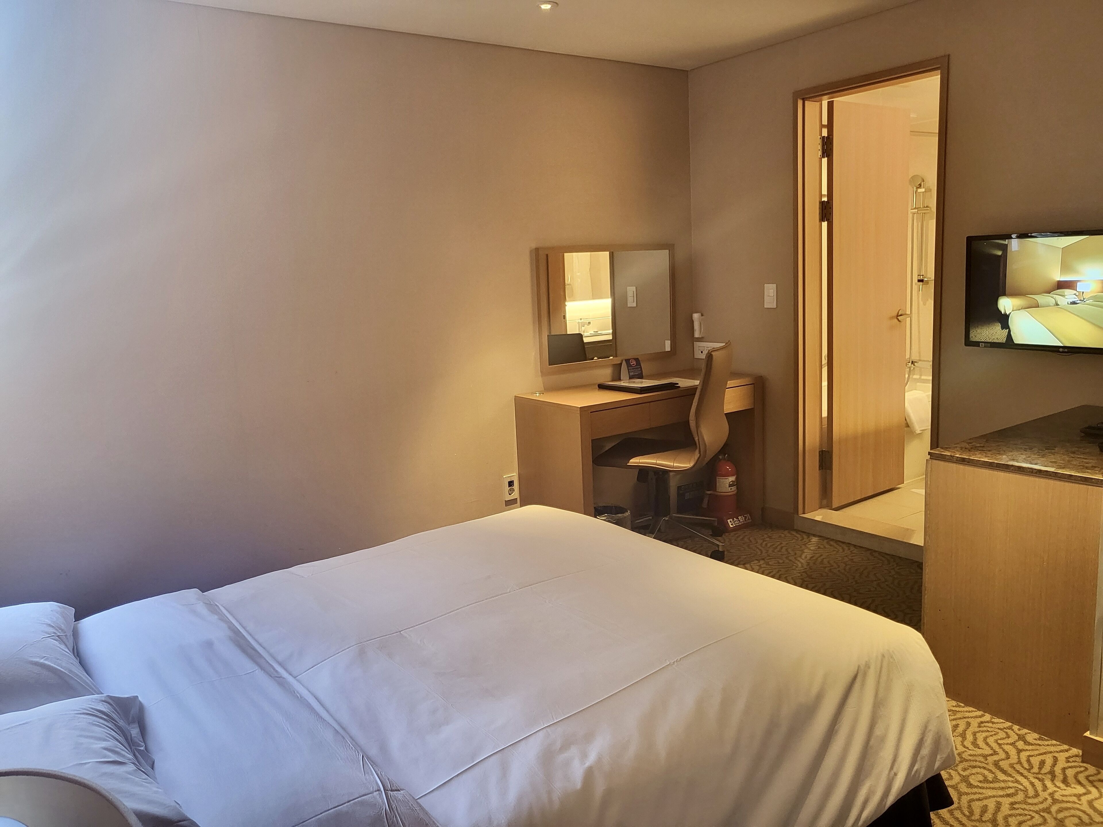Une chambre d’hôtel avec un lit, un bureau, une chaise, une télévision et une porte de salle de bain.