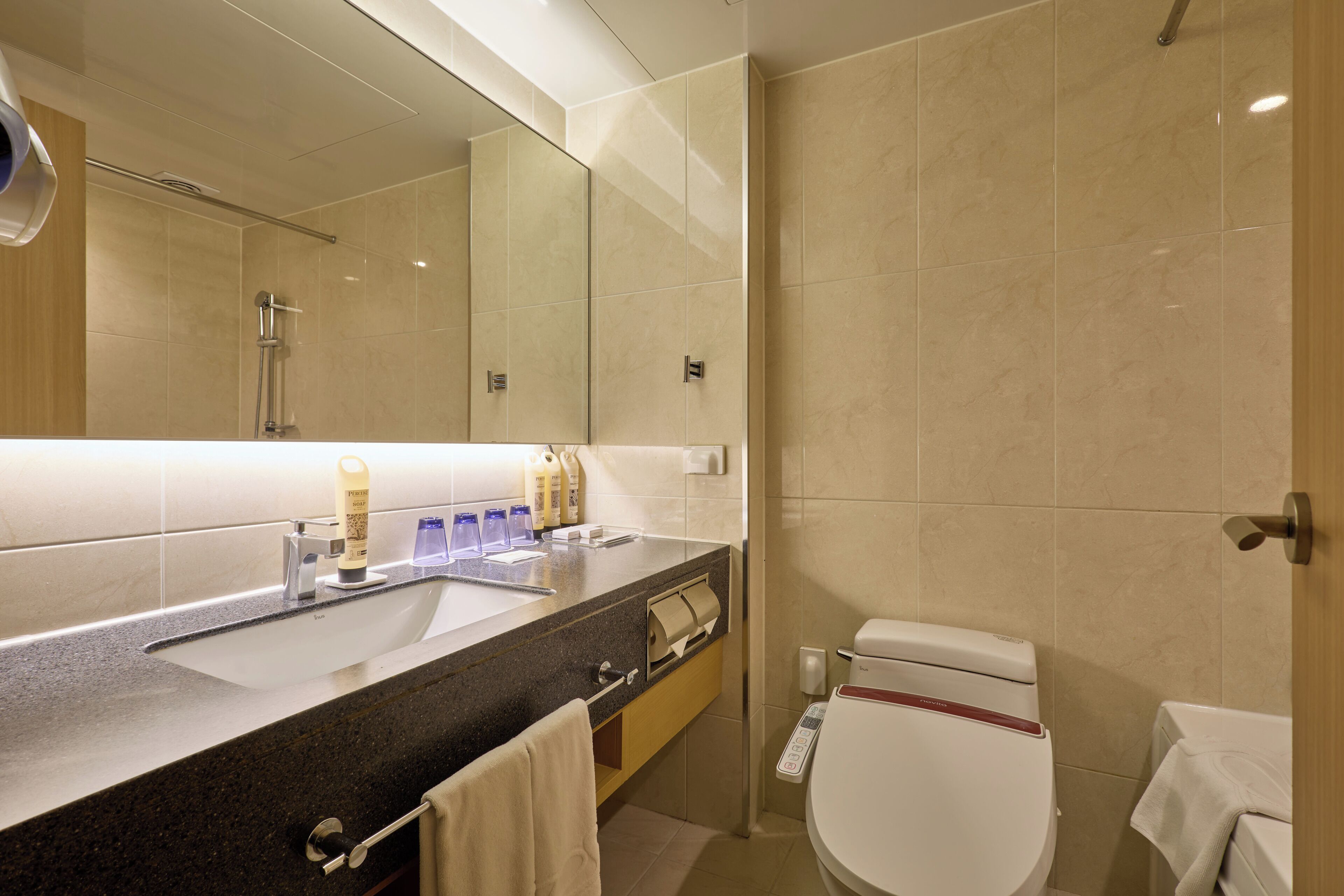 combined shower/bathtub, deep-soaking bathtub, free toiletries