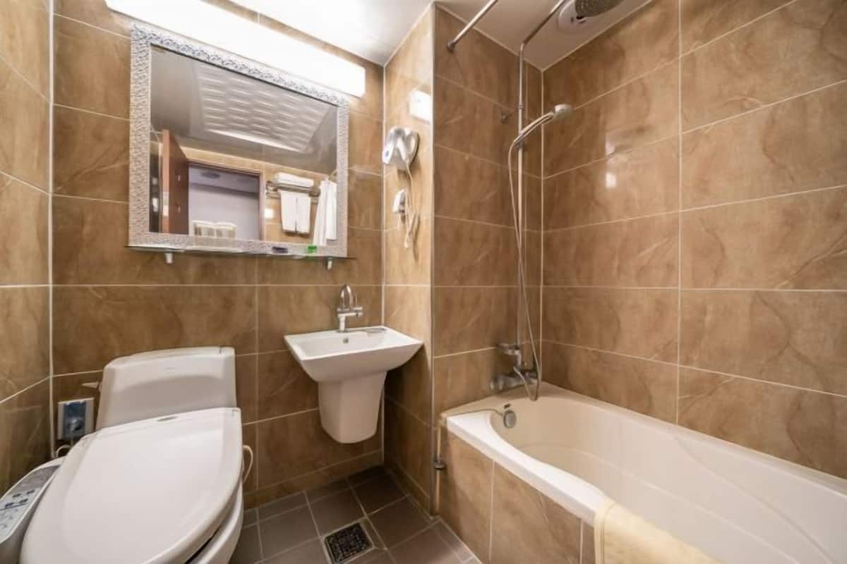Bathroom | Combined shower/tub, free toiletries, hair dryer, slippers