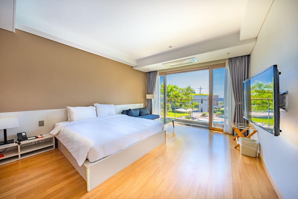 A modern hotel room with a large bed, a desk with a lamp, a TV, and a view of the outdoors.