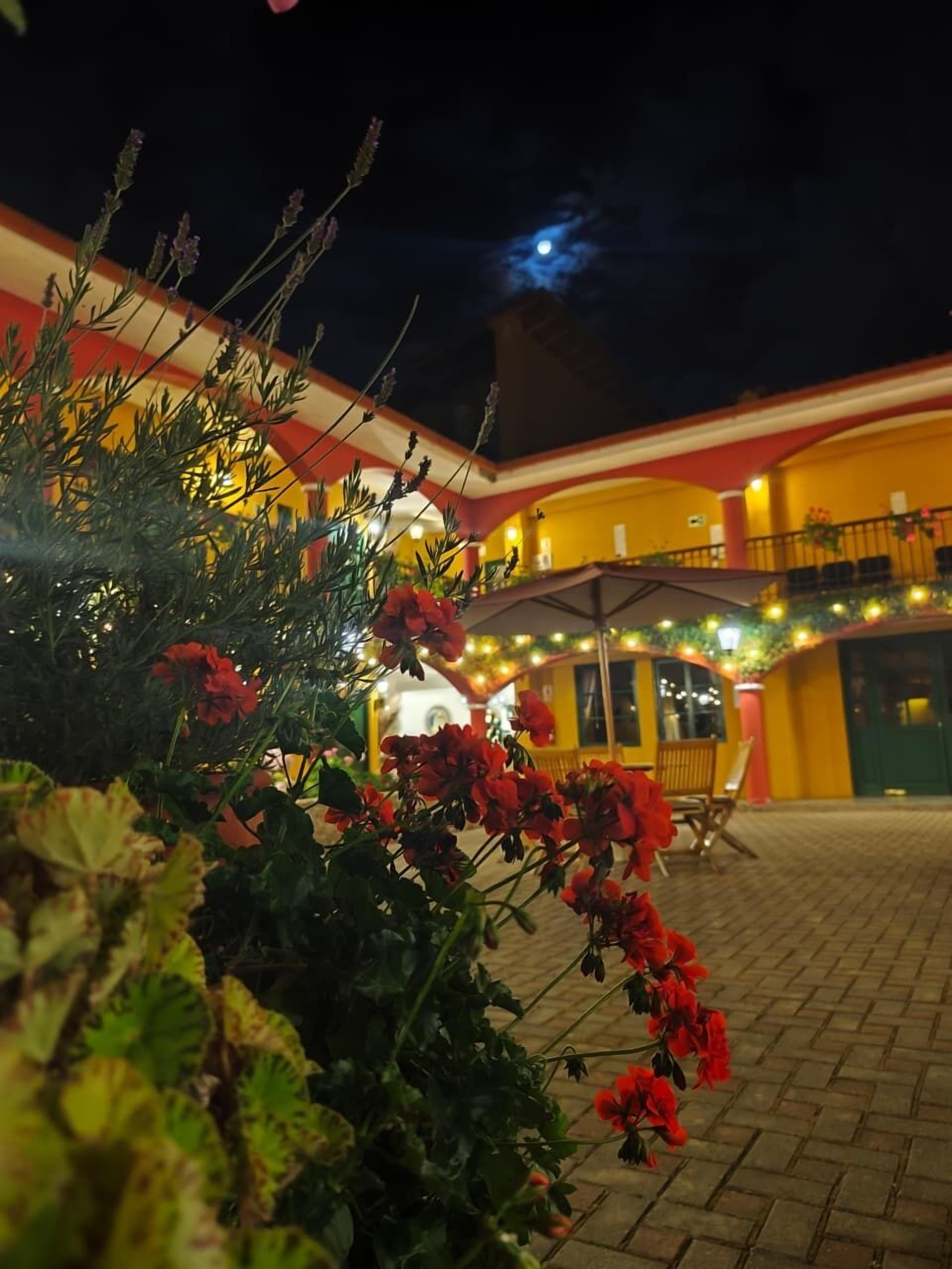 Un patio con piso de ladrillo, un edificio de paredes amarillas y rojas, y una luna en el cielo.