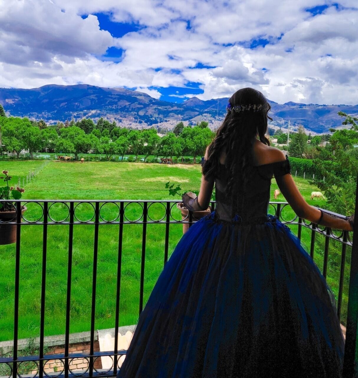 A person in a blue dress standing on a balcony with a view of green fields and mountains.