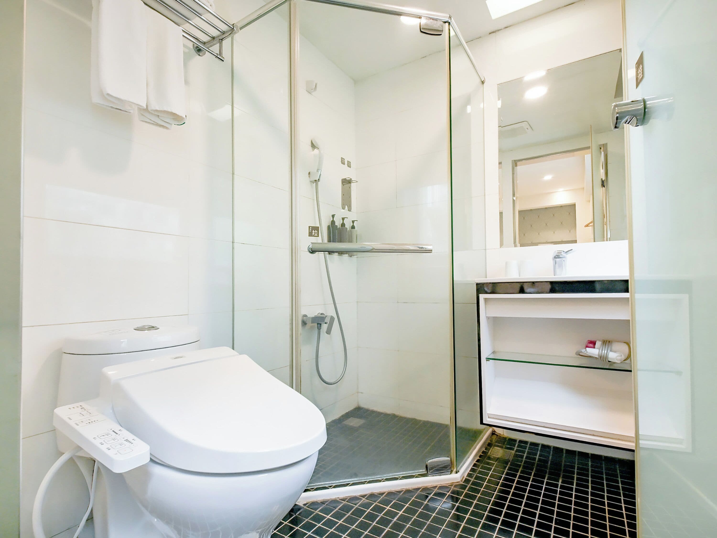 A modern bathroom with a toilet, a glass-enclosed shower, a sink, and a mirror.