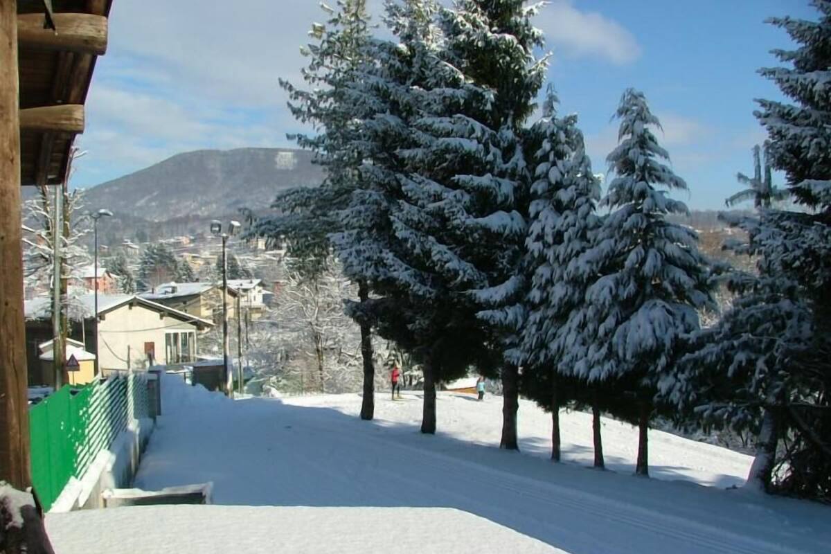 A snow-covered street with buildings and trees.