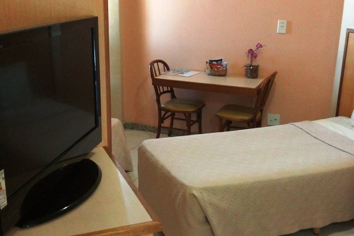 Habitación de hotel con cama, televisor, escritorio con dos sillas, mesita con una cesta y una planta en maceta.