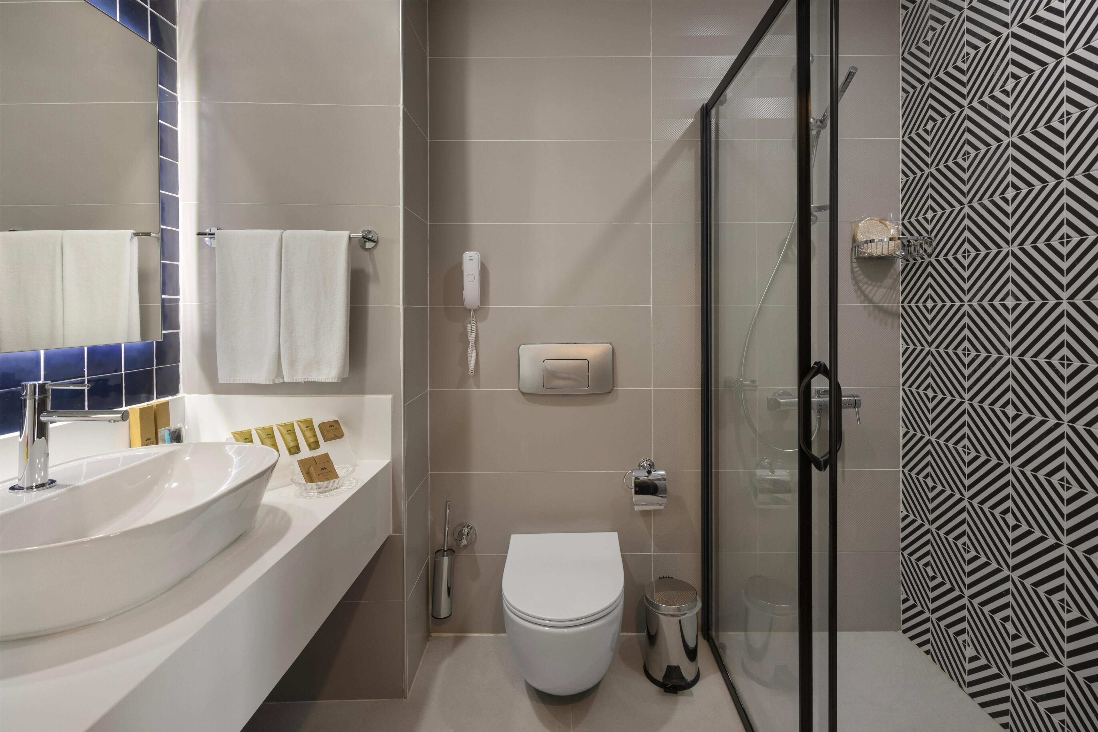 Une salle de bain moderne avec un grand lavabo blanc, des toilettes et une douche à parois de verre.