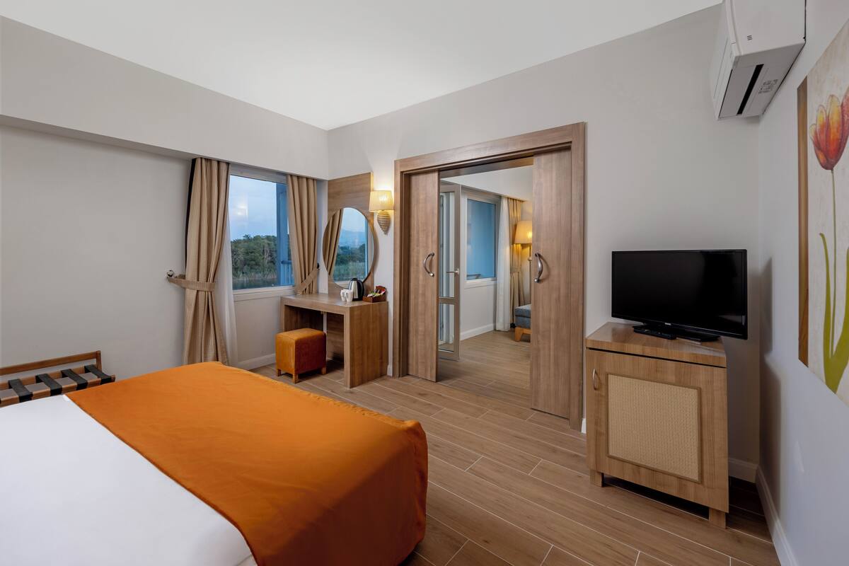 A hotel room with a bed, a desk, a television, and a view of the outdoors.