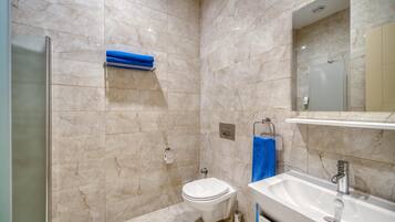 A modern bathroom with a glass shower enclosure, a white toilet, and a sink with a mirror above it.