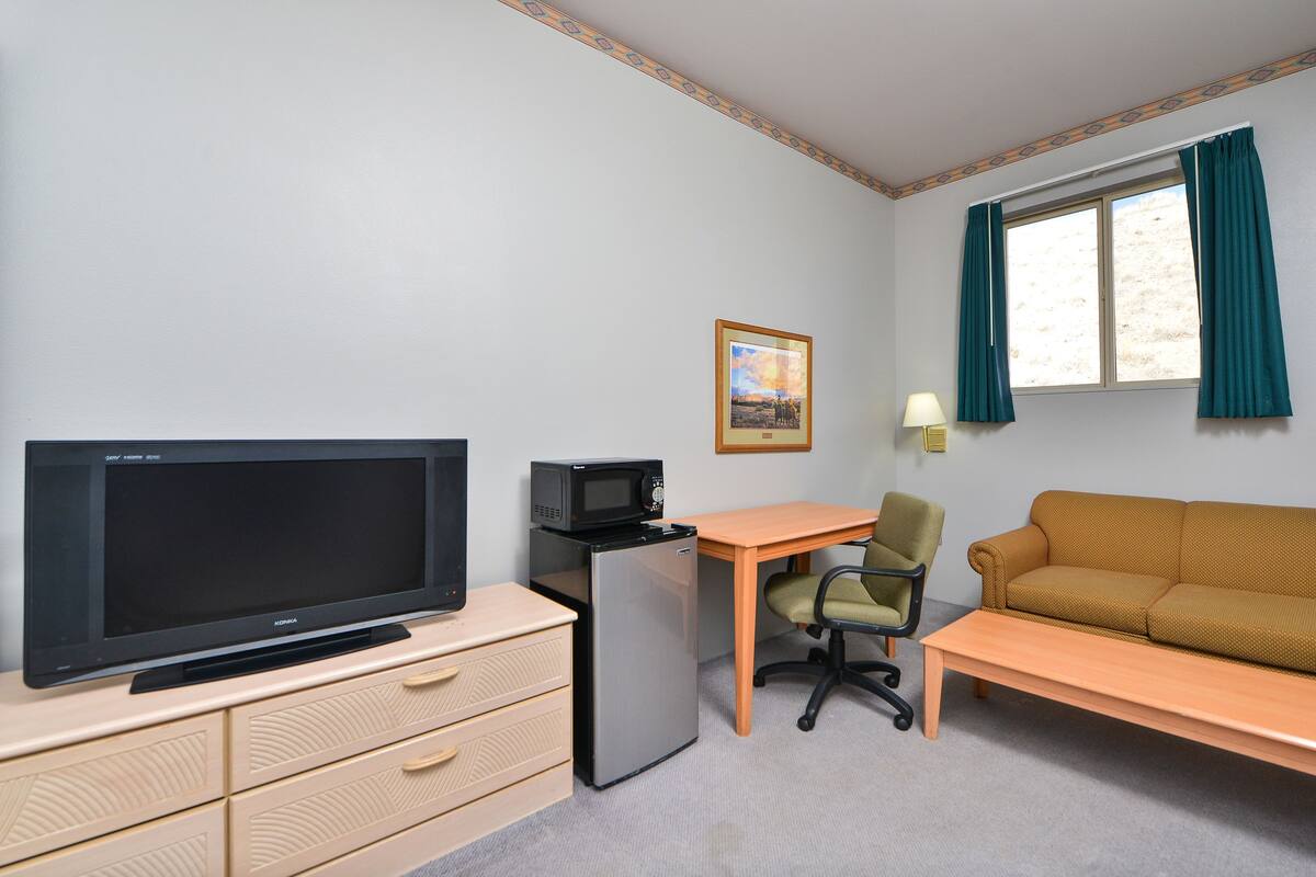 A room with a flat-screen TV, a microwave, a refrigerator, a desk, a chair, a sofa, a framed picture on the wall, and a window with curtains.