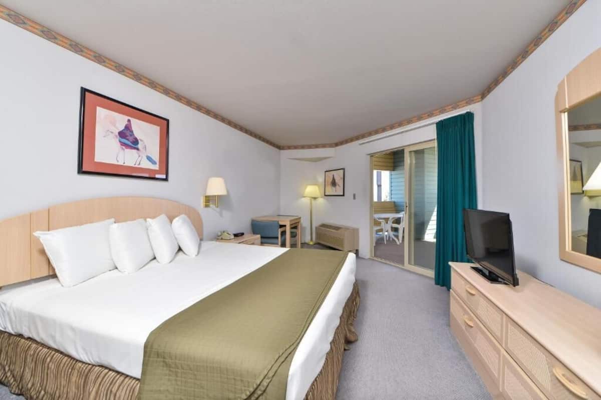 A hotel room with a bed, a desk, a television, and a mirror.