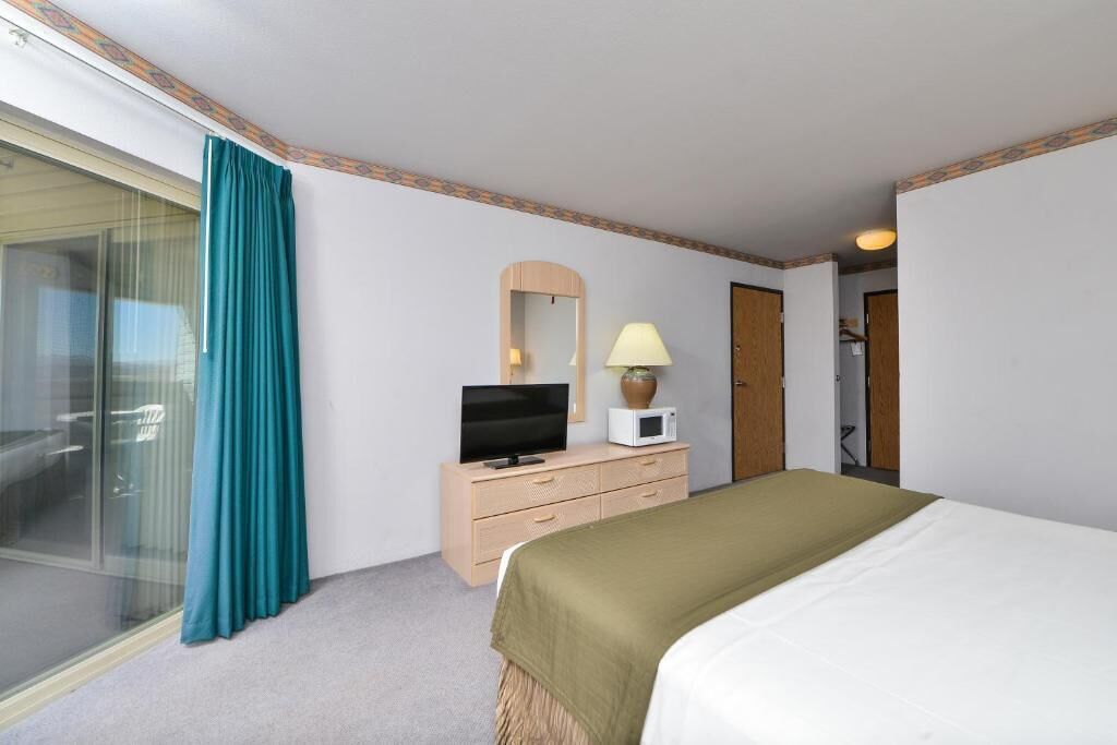 A hotel room with a bed, a television, a microwave, and a sliding glass door.
