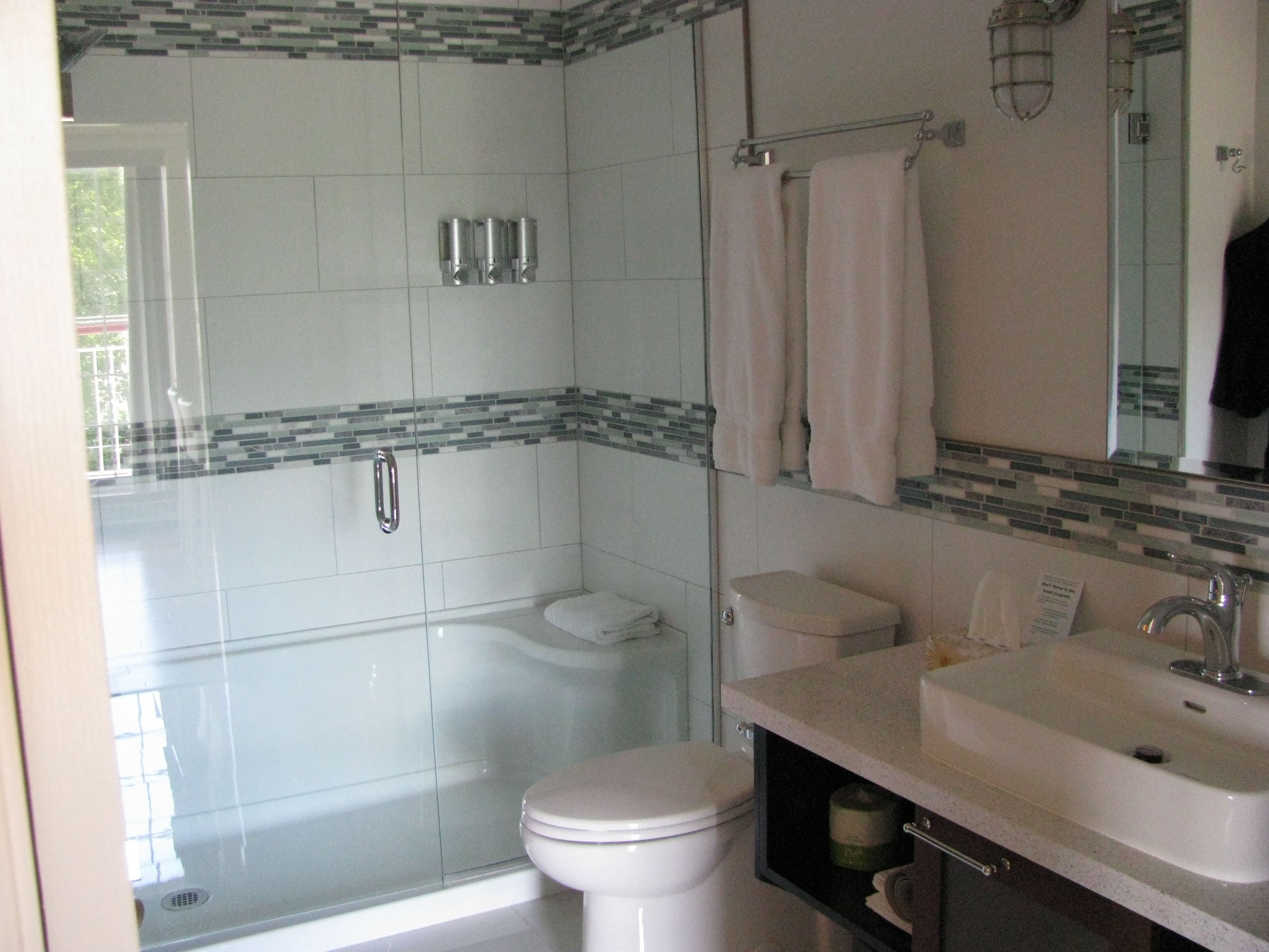 A bathroom with a glass shower enclosure, a toilet, a sink, and a mirror above the sink.