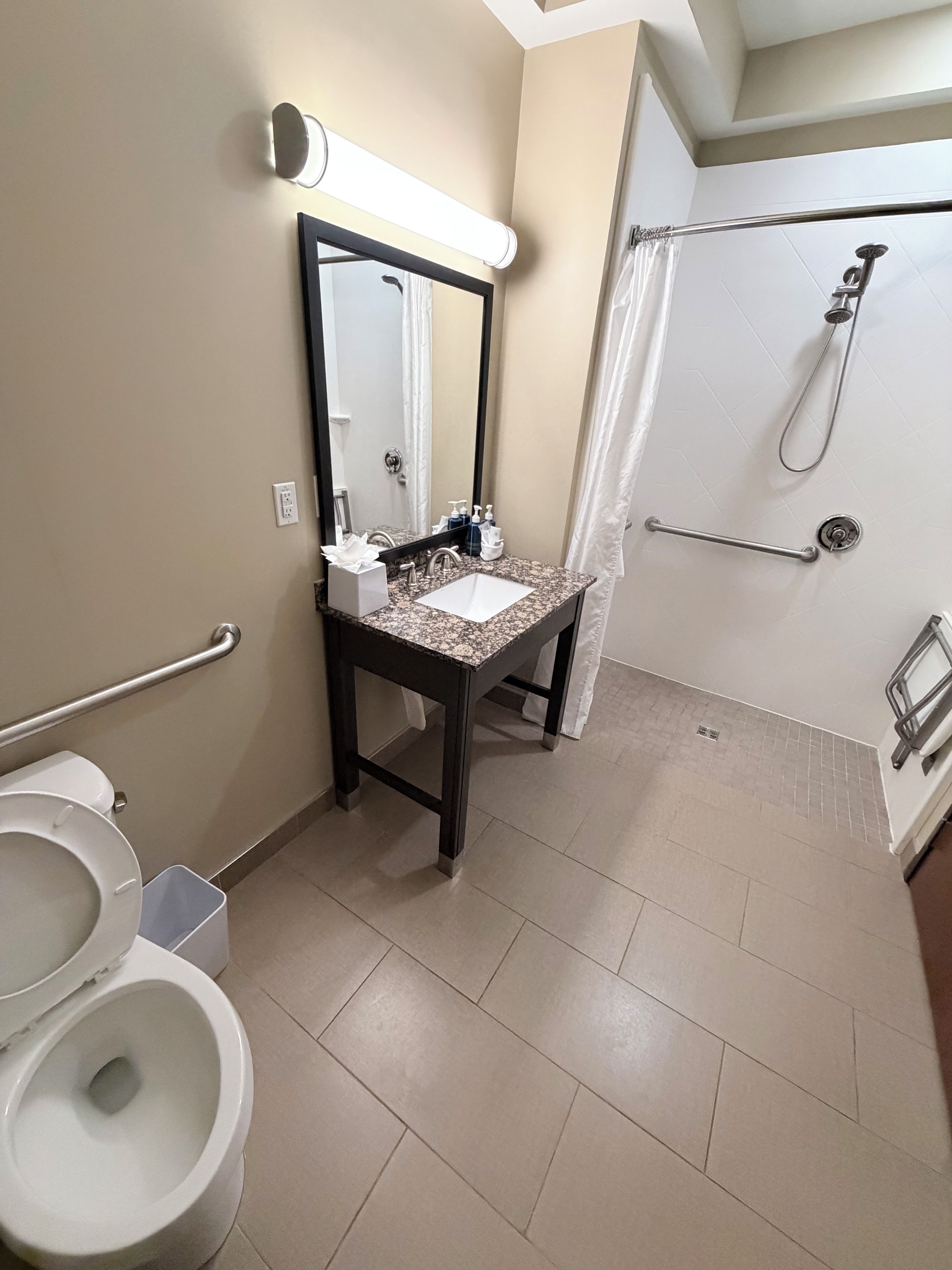 A bathroom with a toilet, sink, mirror, shower, and grab bars.