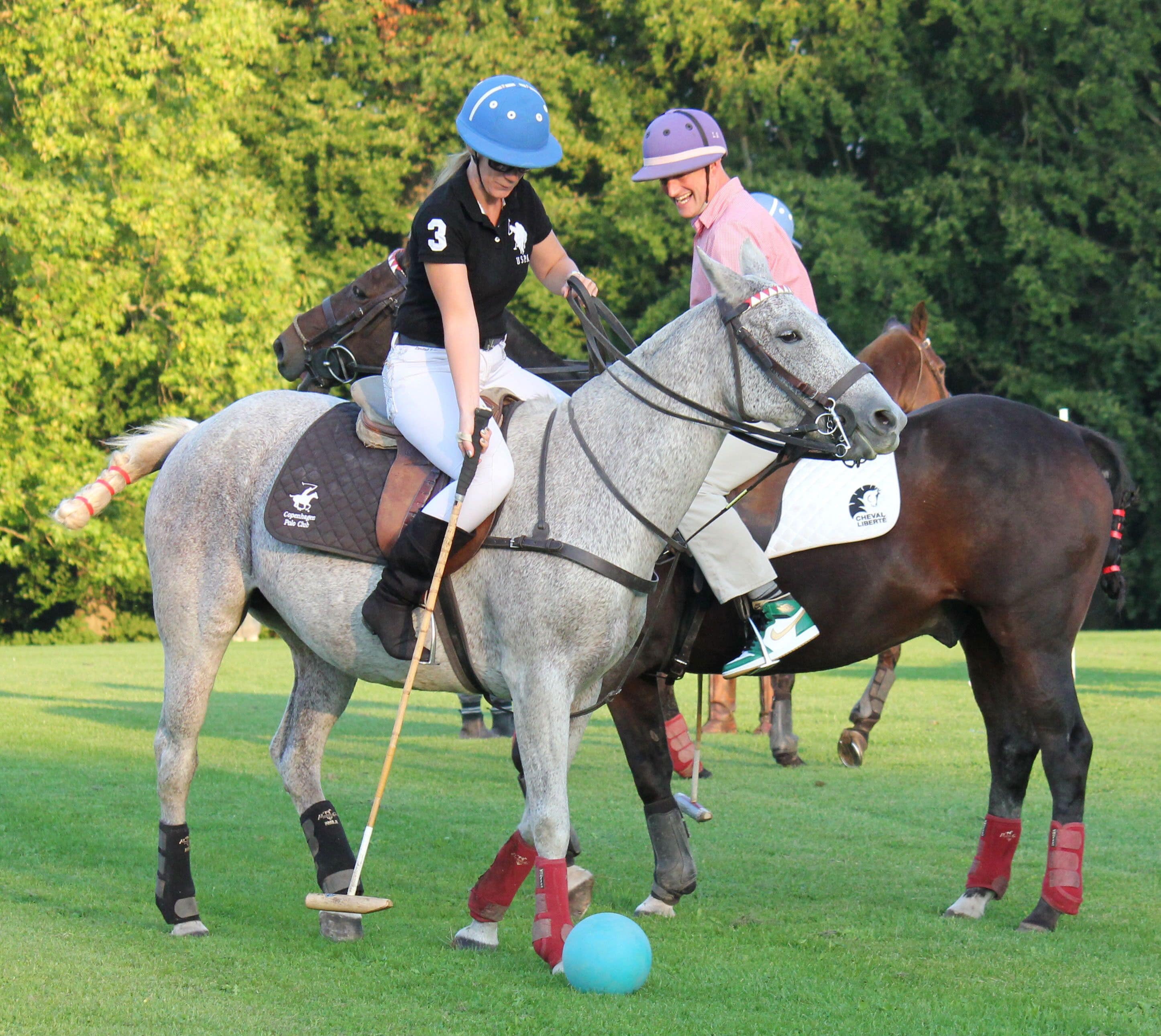 Two people on horseback playing croquet on a grassy field with trees in the background.