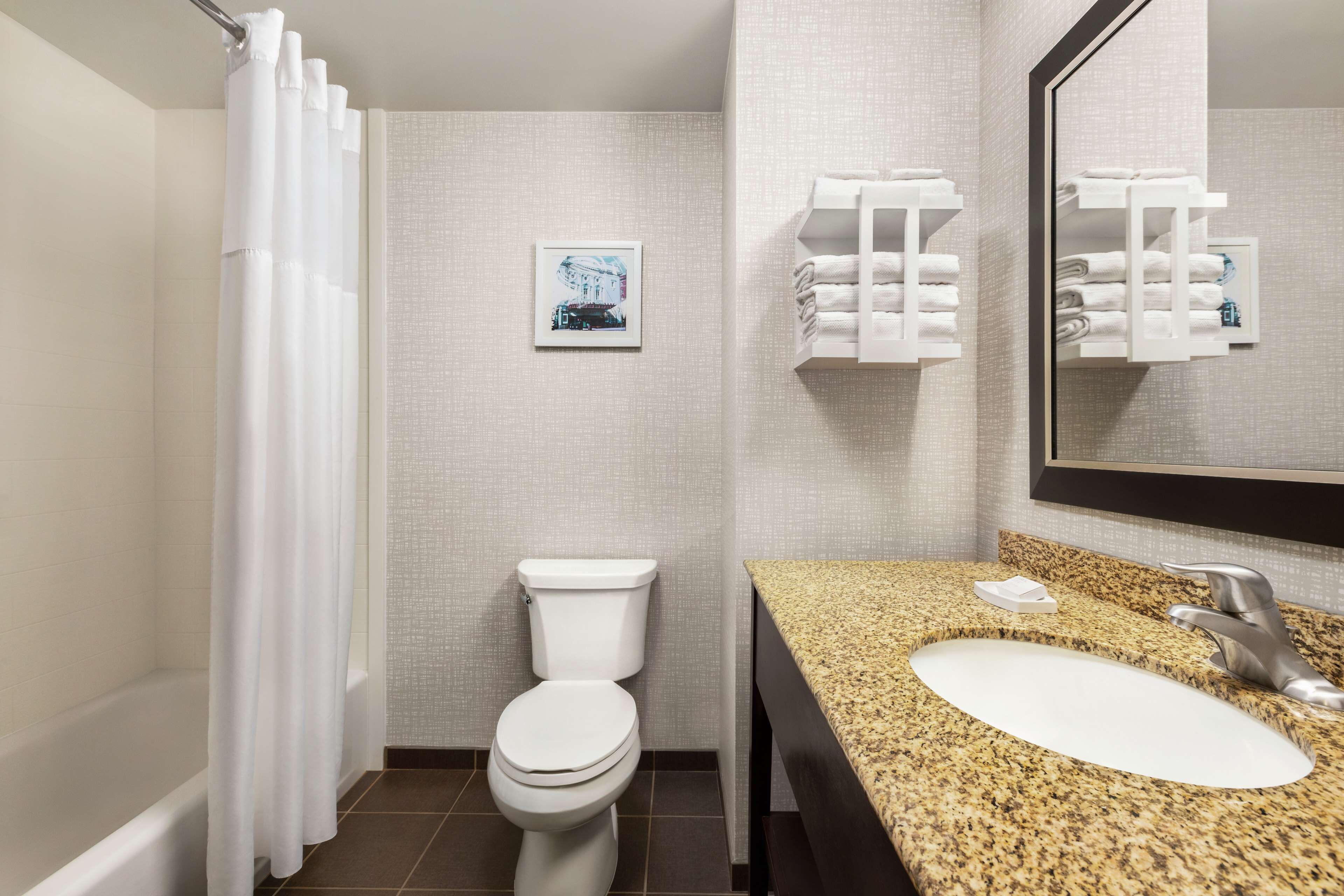 combined shower/bathtub, free toiletries, hair dryer, towels