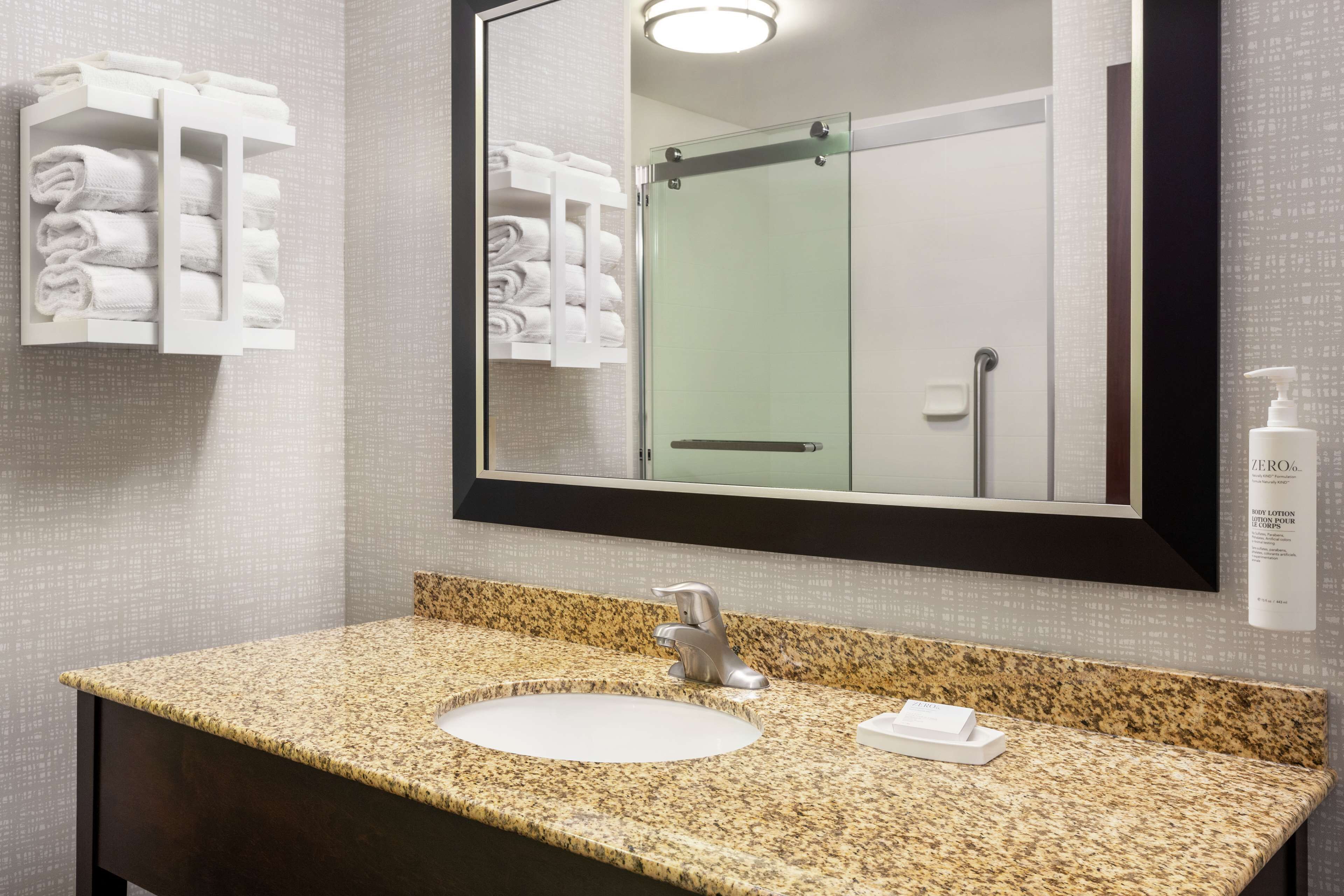 combined shower/bathtub, free toiletries, hair dryer, towels