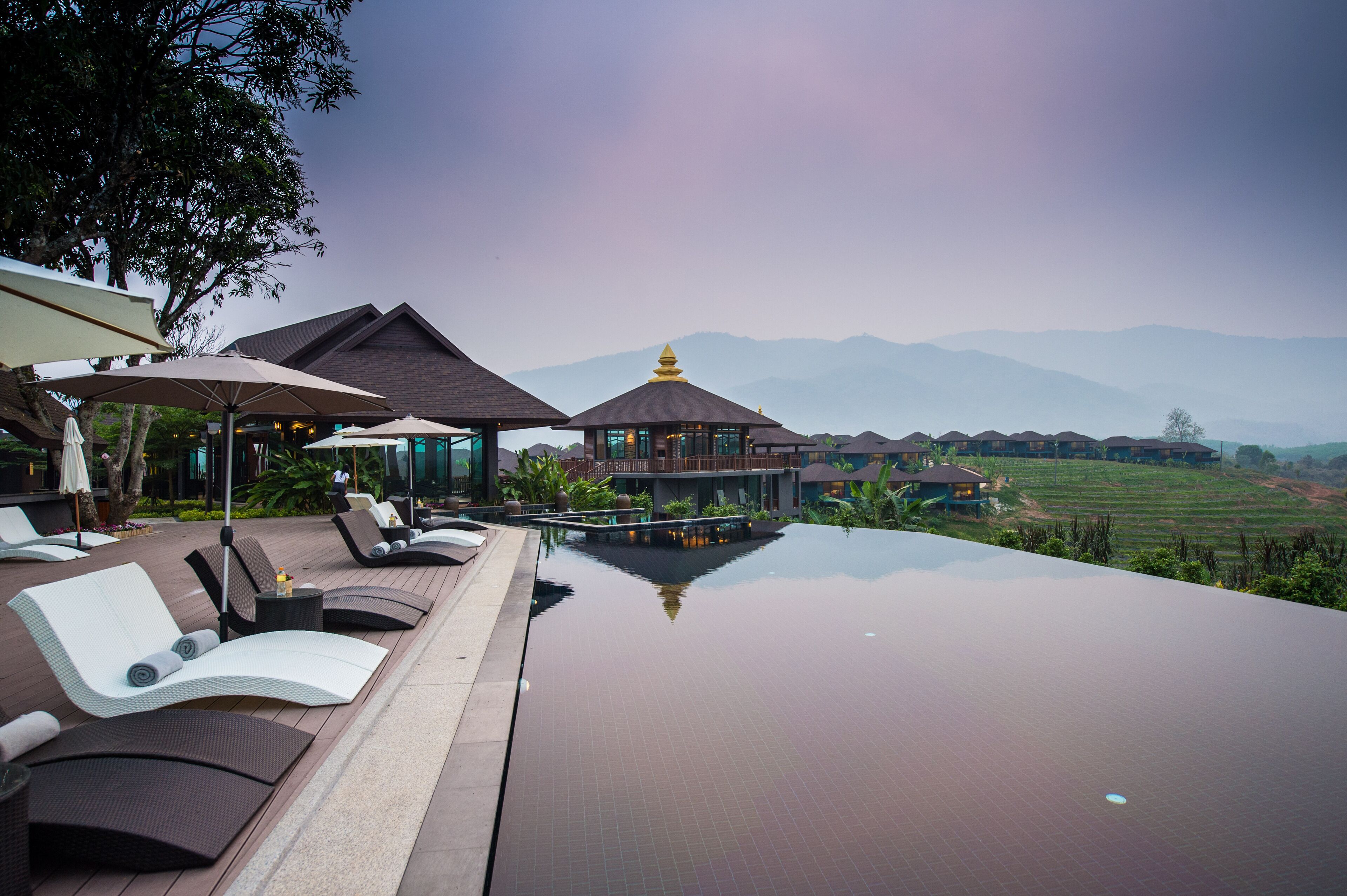 outdoor pool, pool loungers