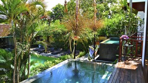 Una piscina con muelle de madera, rodeada de abundante vegetación y palmeras.