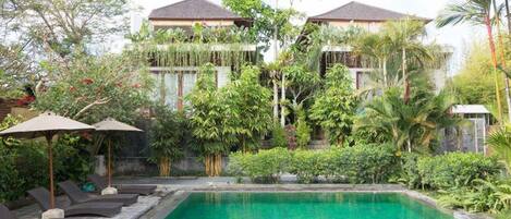 3 albercas techadas, alberca al aire libre y camastros