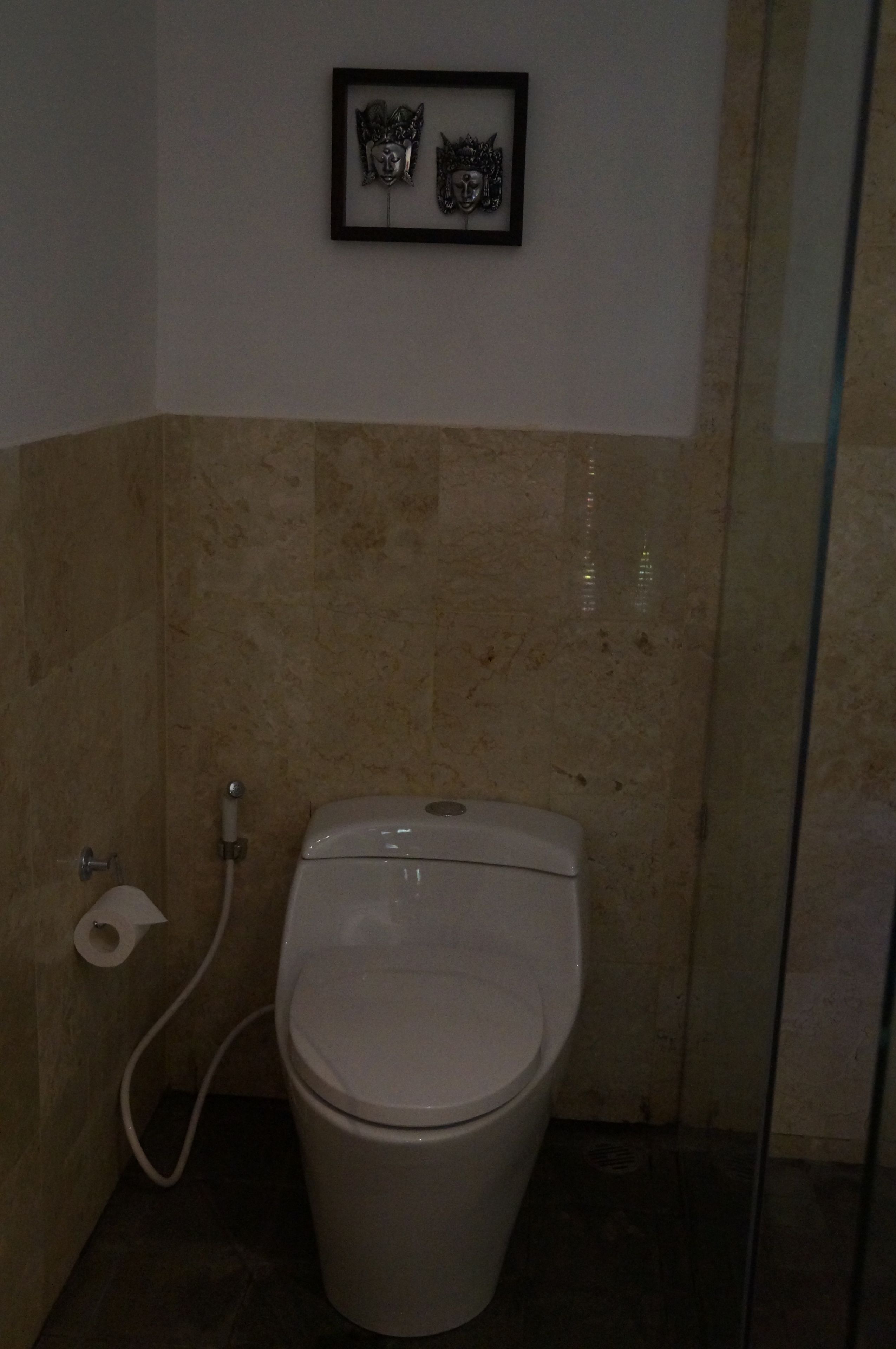 A bathroom with a toilet, a framed item on the wall, and a shower area.