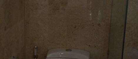 A bathroom with a toilet, a framed item on the wall, and a shower area.