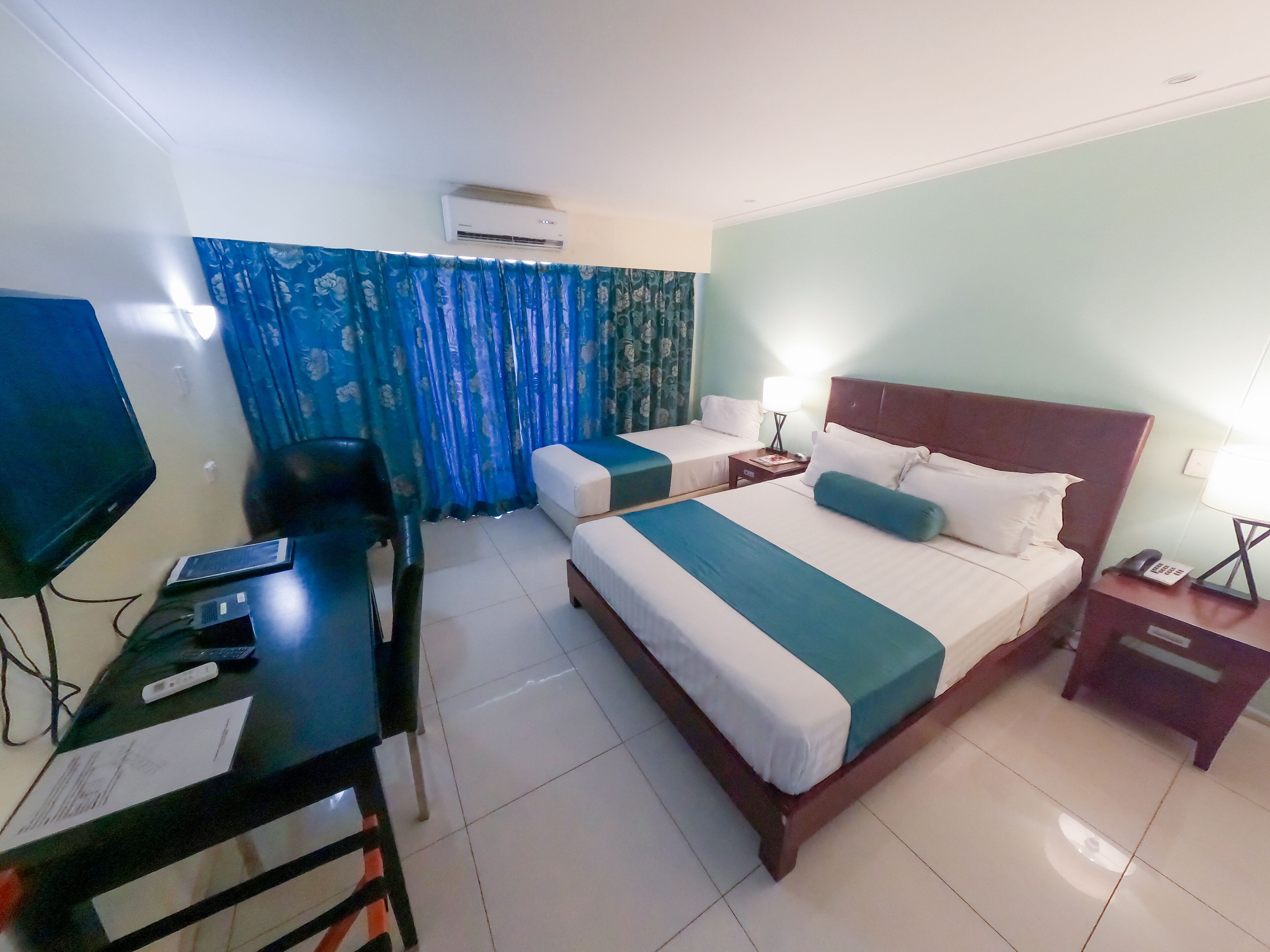 Premium bedding, desk, blackout curtains, iron/ironing board
