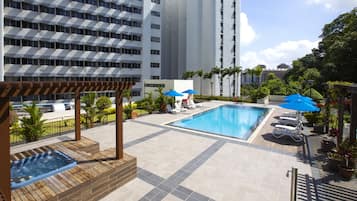 Outdoor pool, open 7:00 AM to 9:00 PM, sun loungers