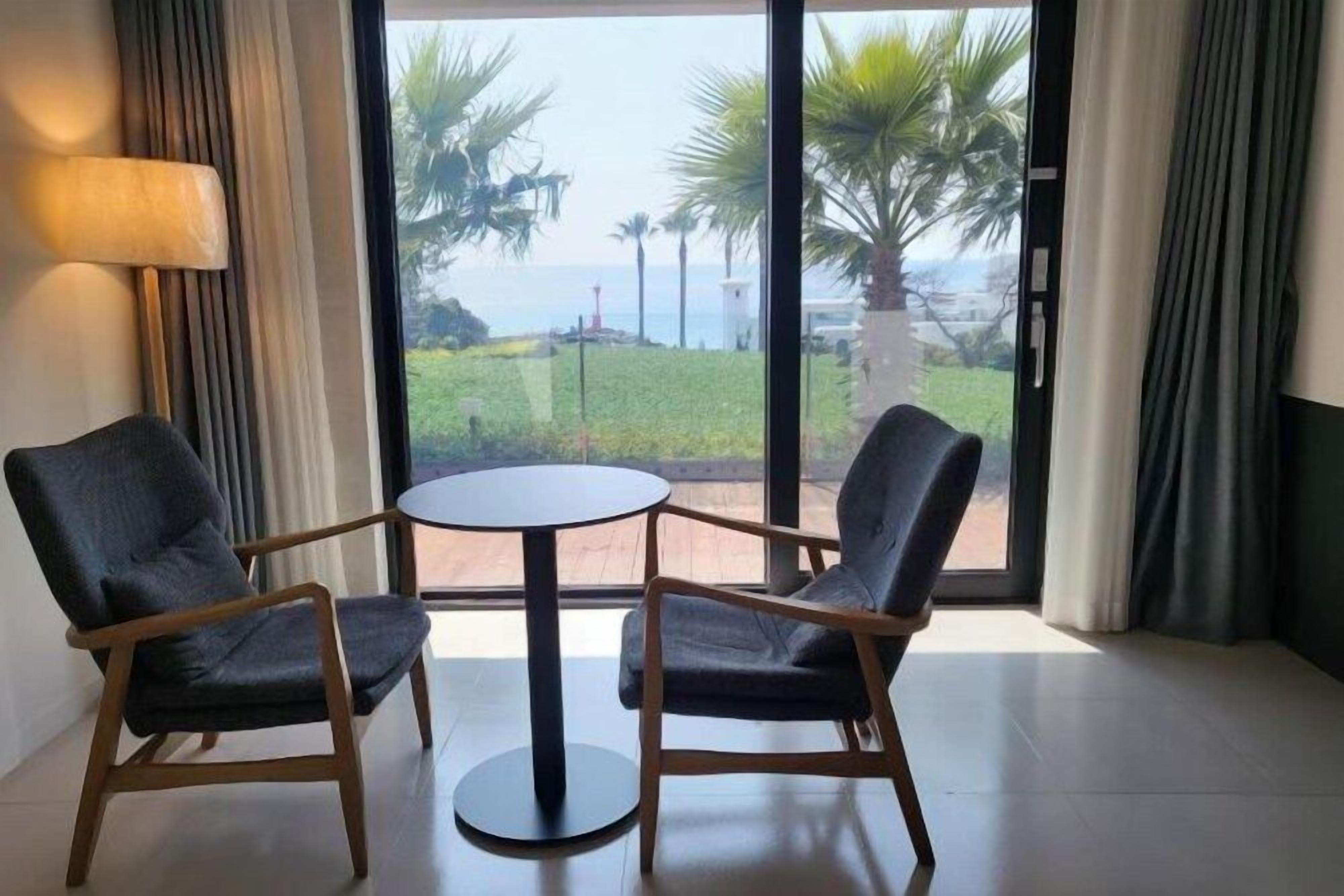 A room with two chairs and a table, large windows with a view of palm trees and the sea.