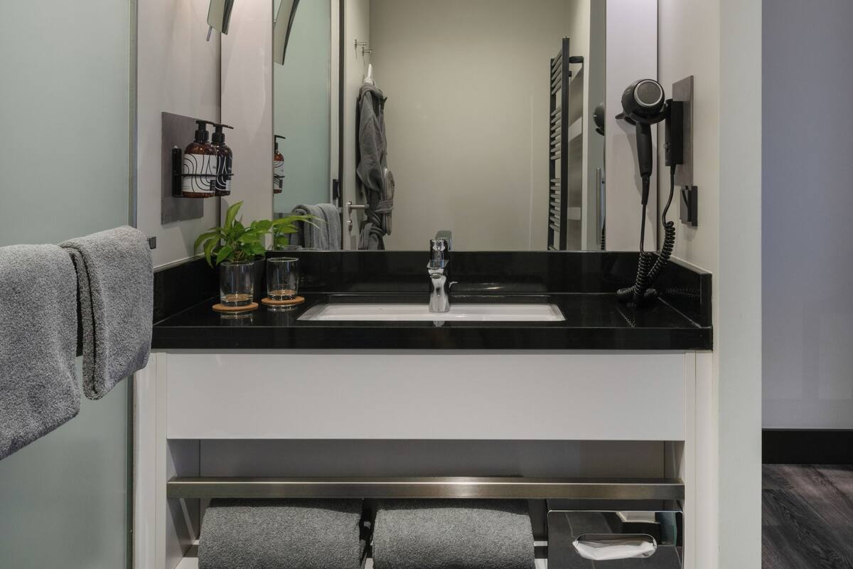 shower, rainfall showerhead, free toiletries, hair dryer