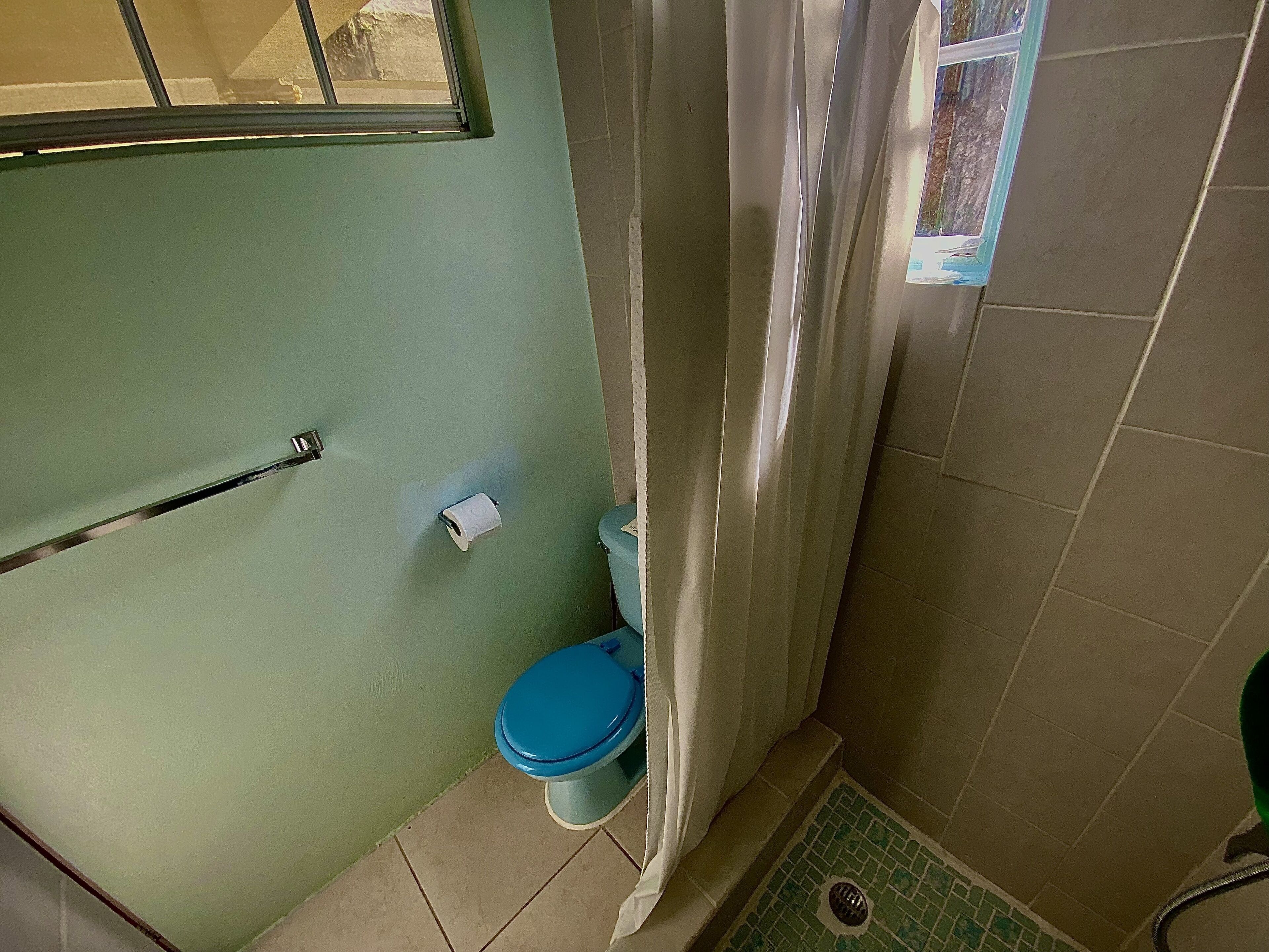 A bathroom with a blue toilet, a shower curtain, and a window.