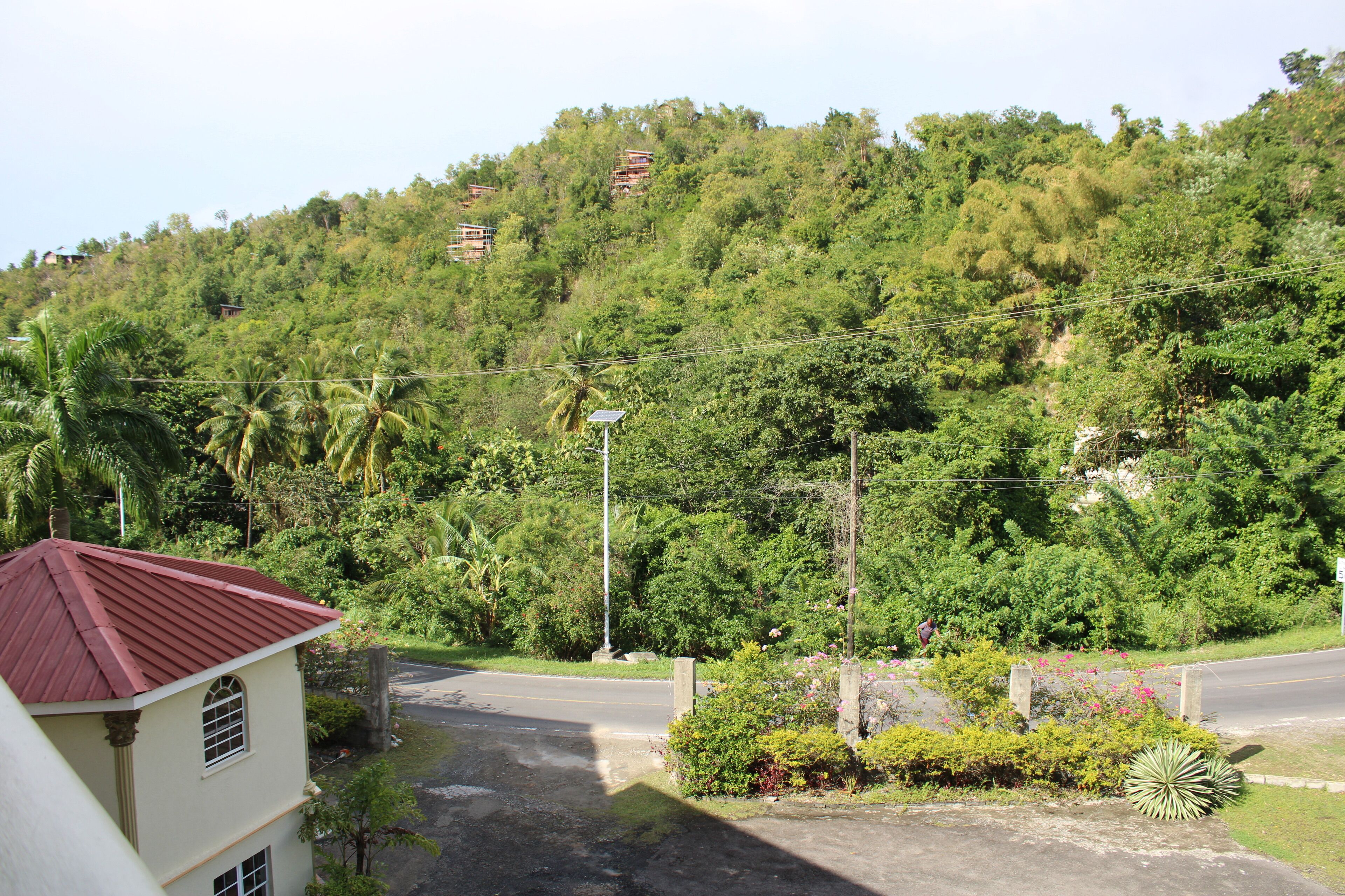 A residential area with a road, a small building with a red roof, and a hill with dense vegetation.