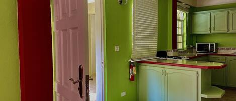 A kitchen with green walls, a pink door, and a microwave.
