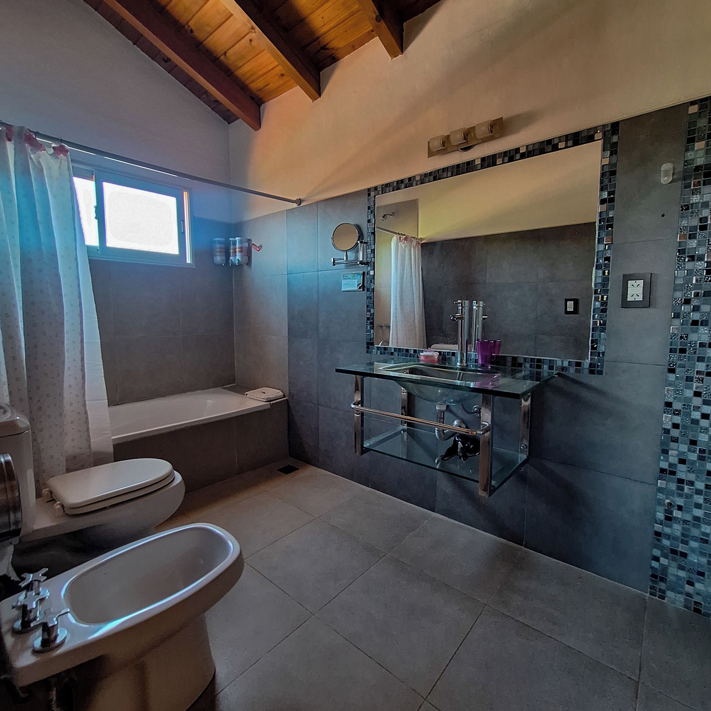 A bathroom with a toilet, bidet, and glass-enclosed sink.