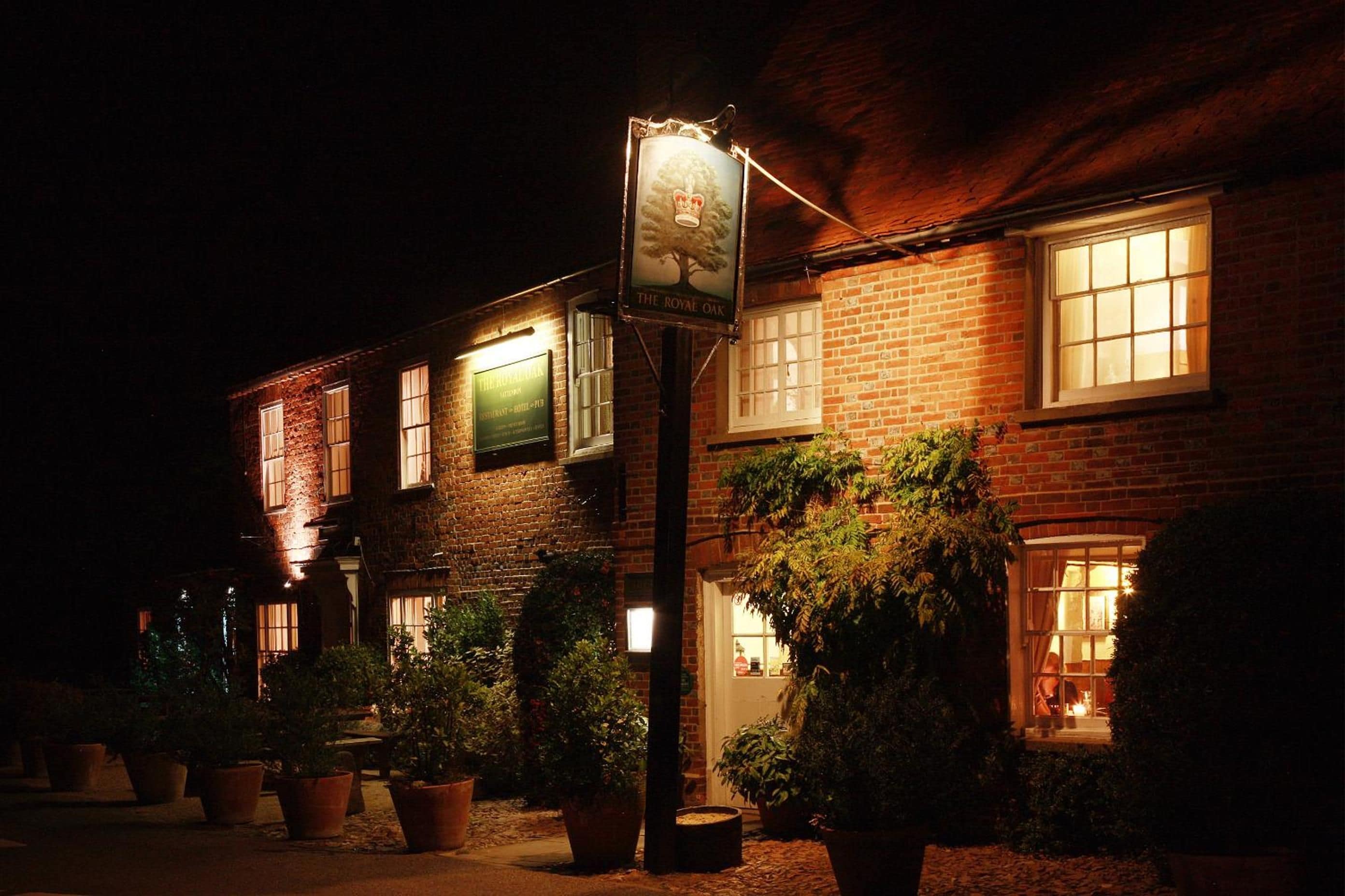 A brick building with a pub sign, windows, and potted plants.