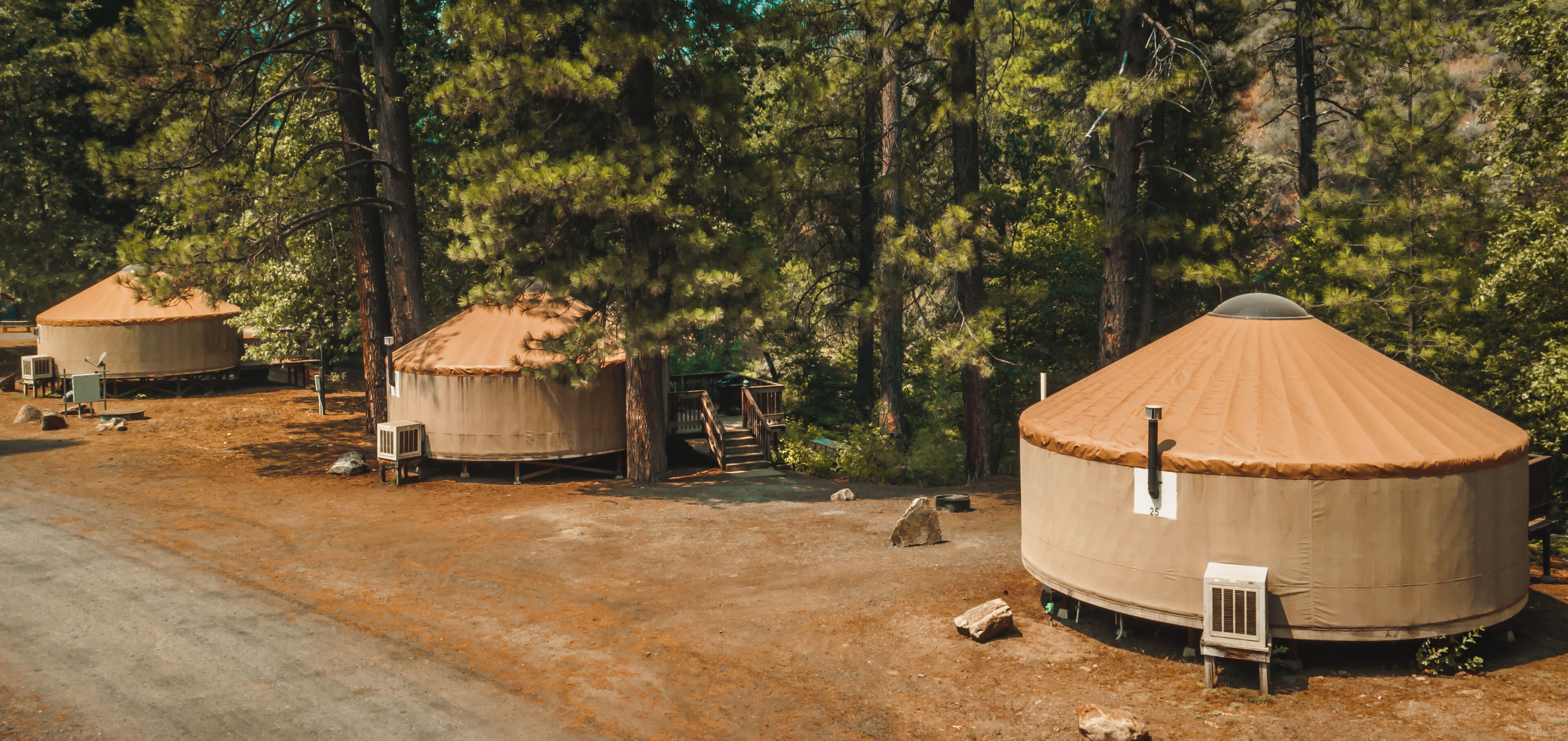 Yurts in a forest setting with a dirt ground and a wooden chair.