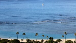 A beach with palm trees and a sailboat in the distance.