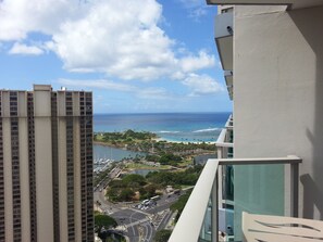 A high-rise building with a view of a coastal area, including a beach and a marina. - Ala Moana Hotel by LSI Resorts (Honolulu)
