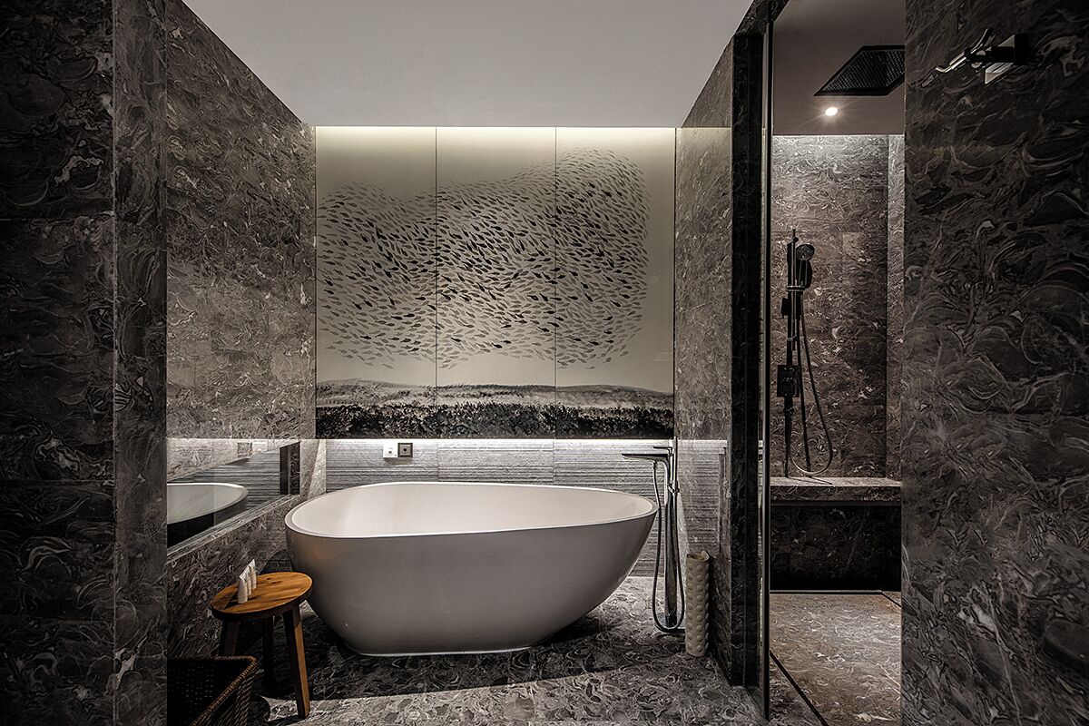 junior suite, 1 king bed | bathroom | separate bathtub and shower, rainfall showerhead, designer toiletries