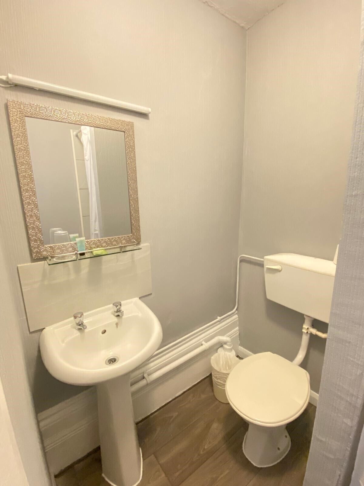 A small bathroom with a white sink, a mirror with a gold frame, and a toilet.