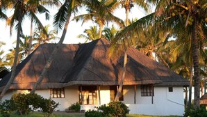 A thatched-roof house with a white exterior, surrounded by palm trees and greenery. - Blue Moon Beach Holiday Resort (Jangamo)
