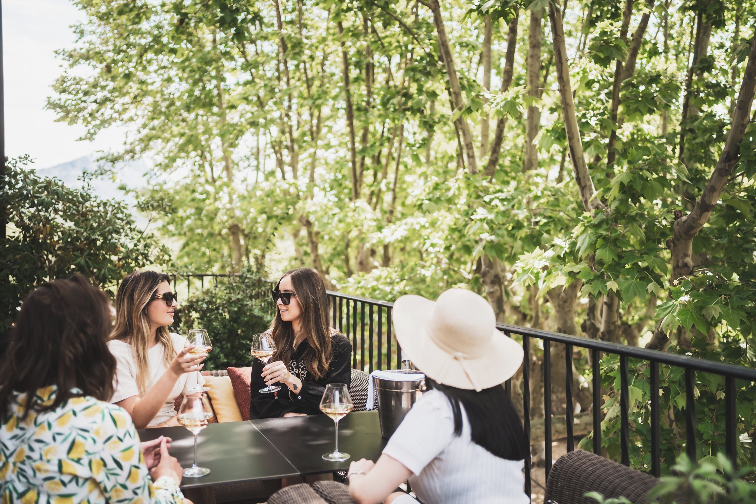 A group of people sitting at an outdoor table with wine glasses, surrounded by greenery and a metal railing.