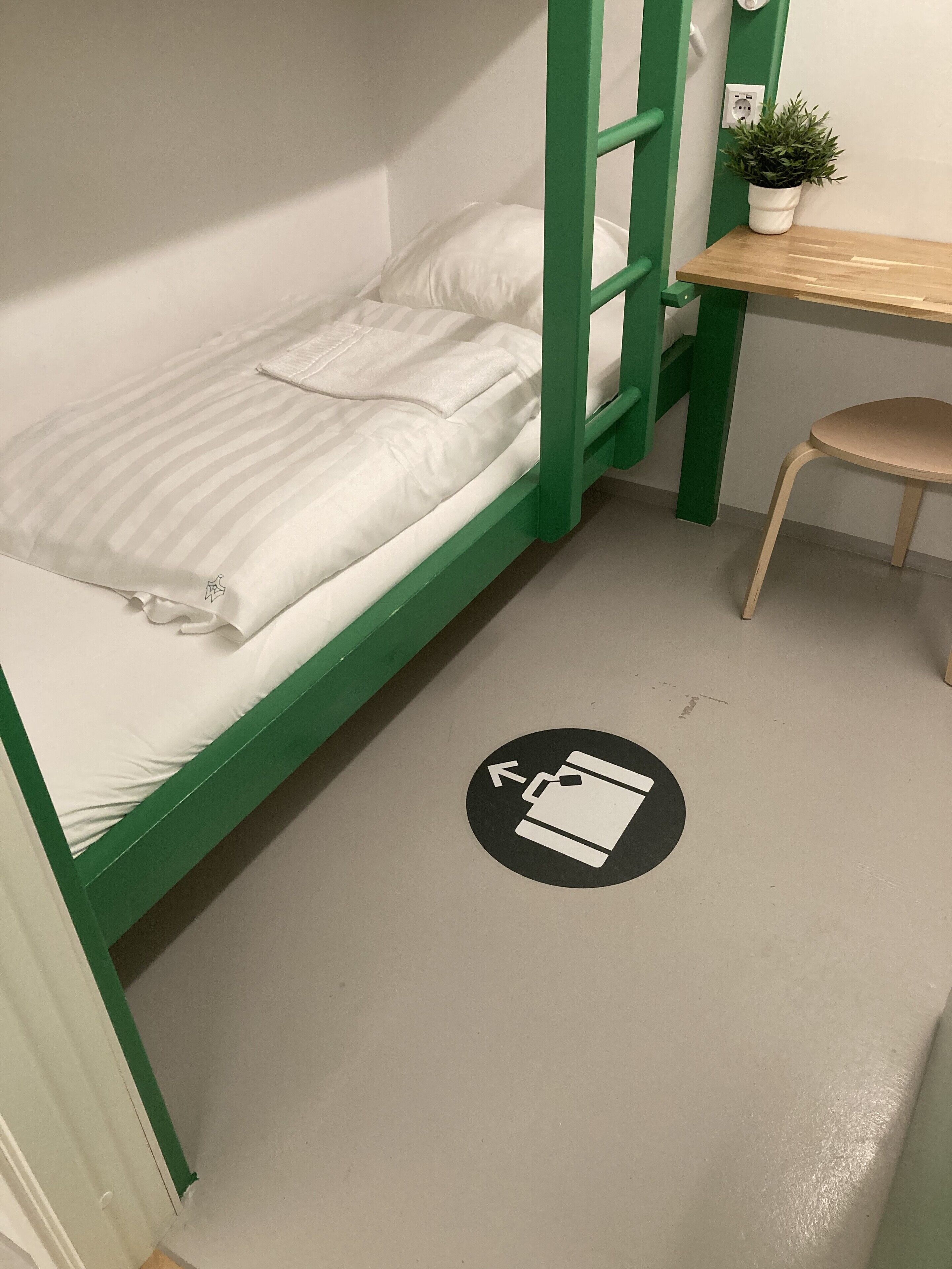 A bunk bed with a green frame, a small desk with a chair, and a potted plant on the desk.