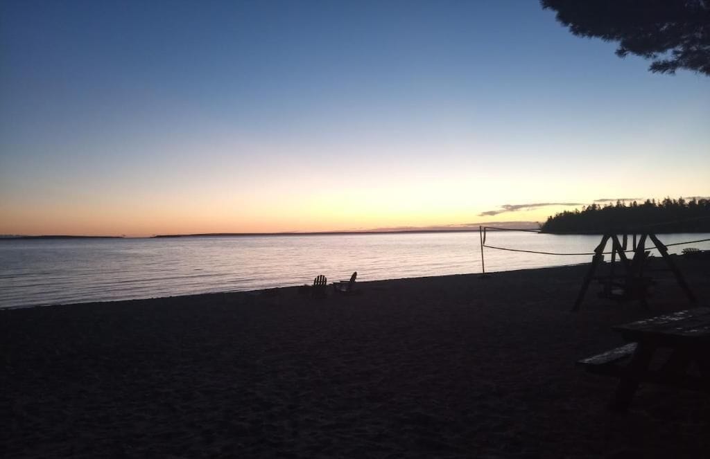 Une plage avec une balançoire et une table de pique-nique.